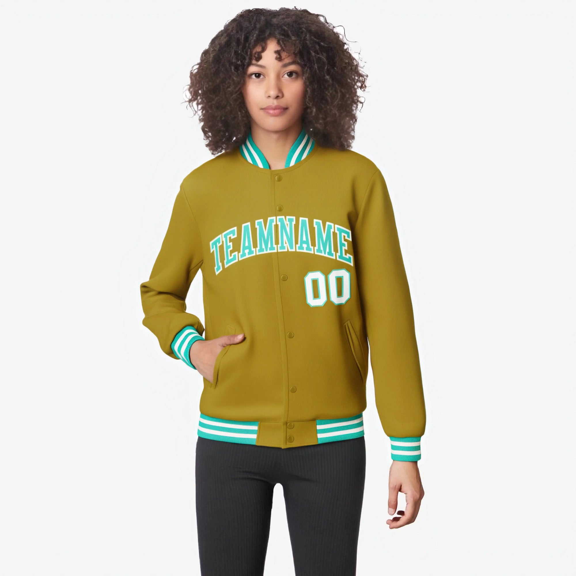 Custom Brown Aqua White Bomber Full-Snap Varsity Letterman Jacket