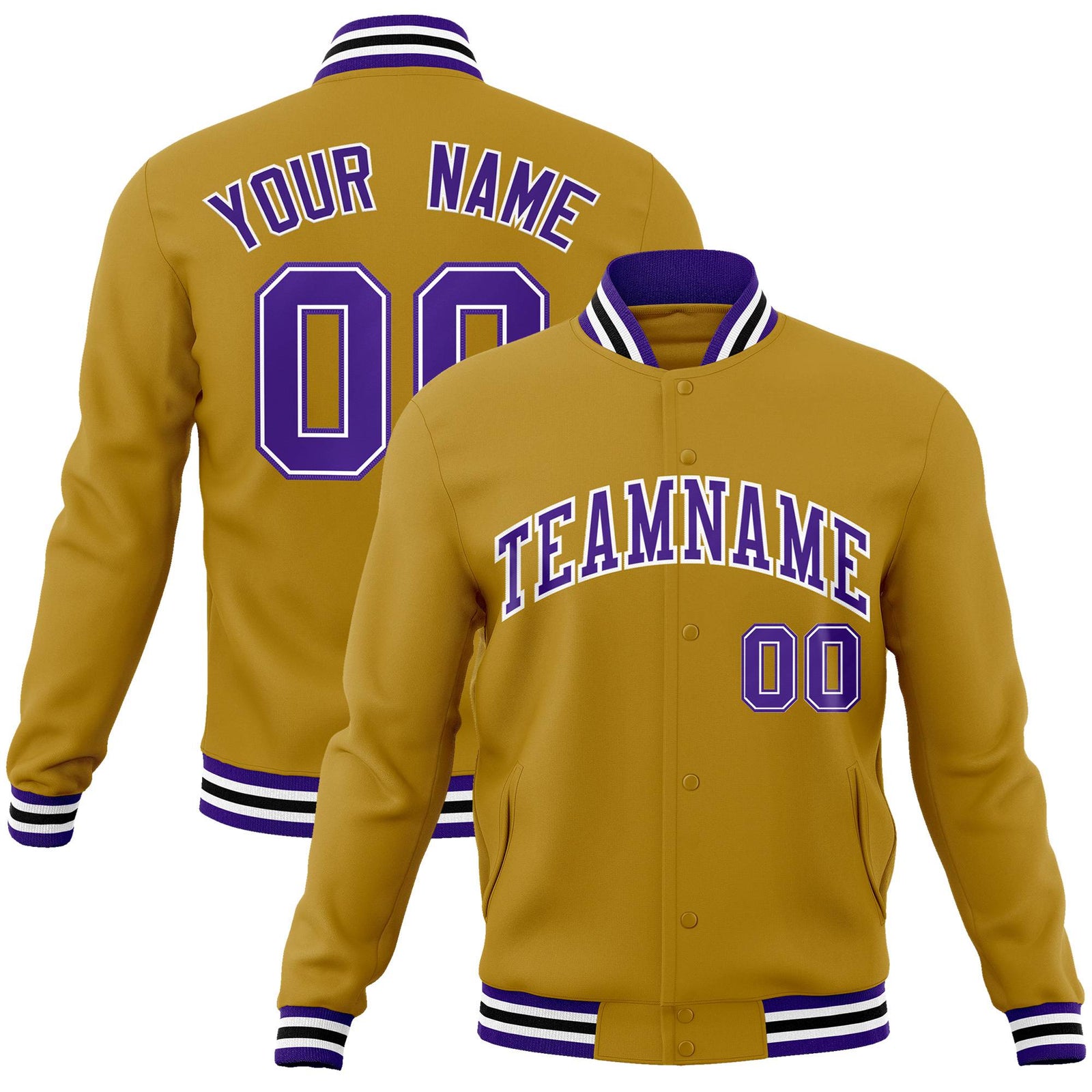 Custom Brown Purple White Bomber Full-Snap Varsity Letterman Jacket