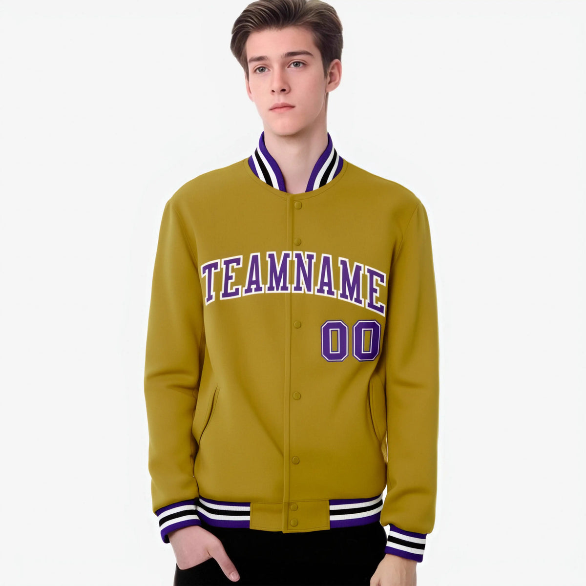 Custom Brown Purple White Bomber Full-Snap Varsity Letterman Jacket