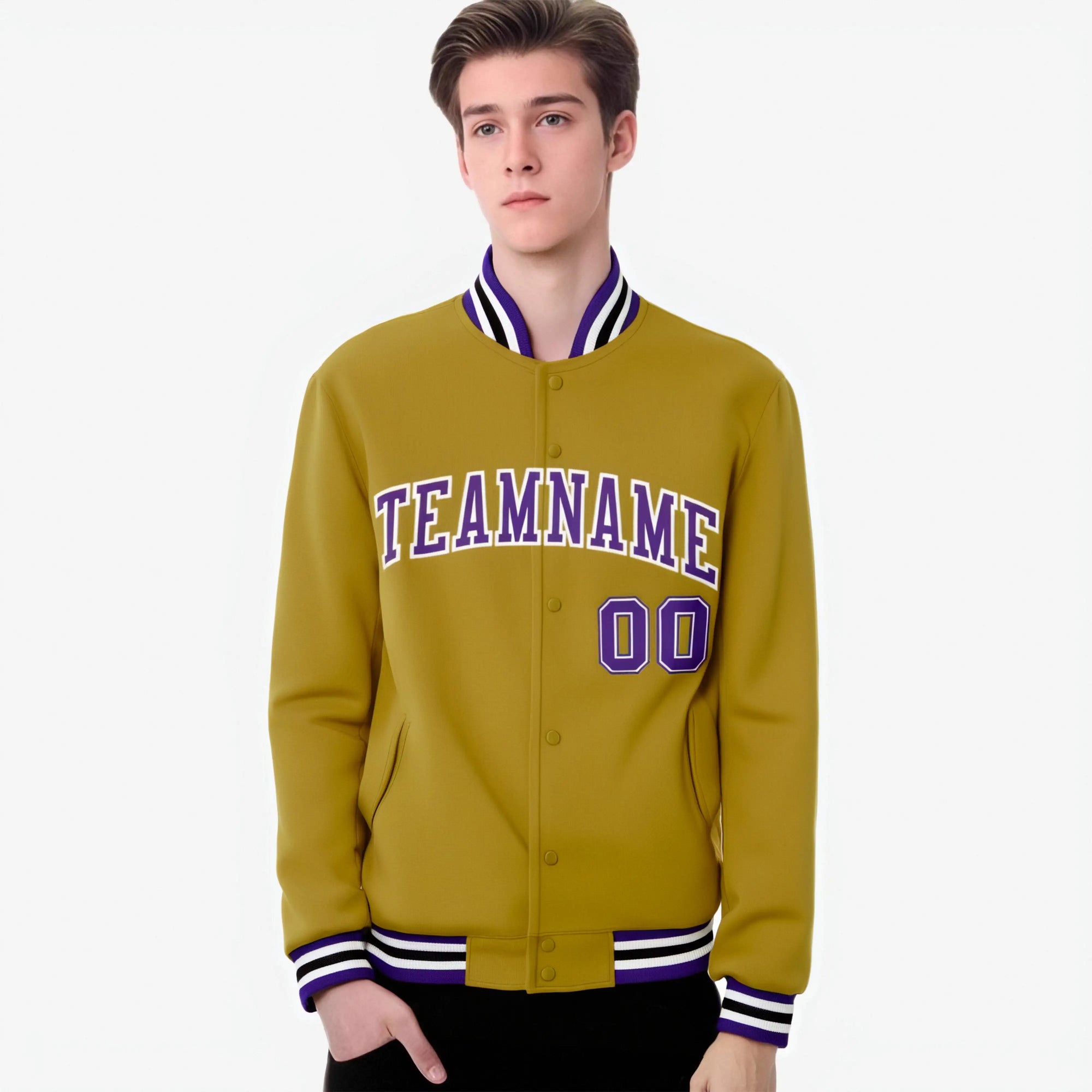 Custom Brown Purple White Bomber Full-Snap Varsity Letterman Jacket