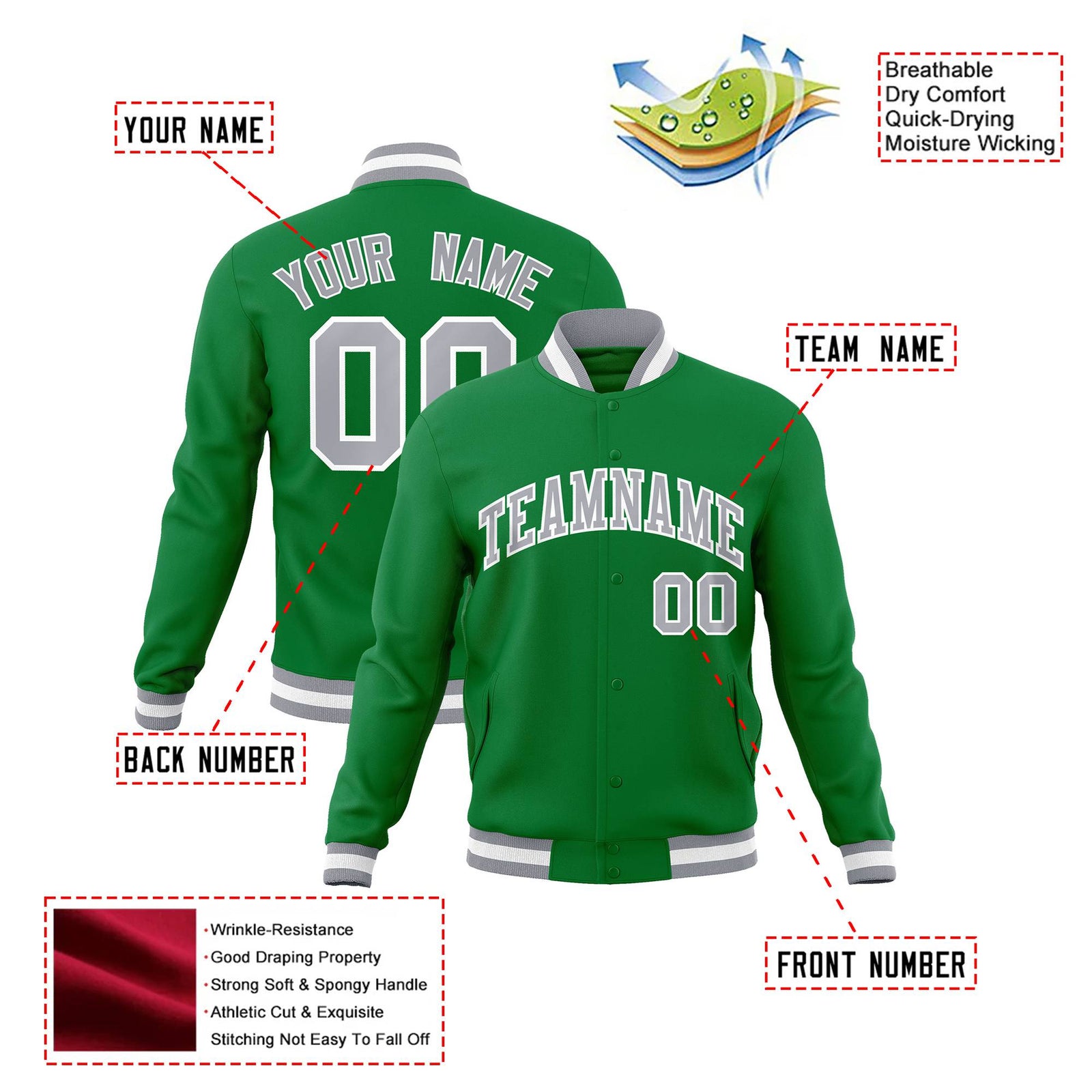 Custom Neon-Green Gray-White Bomber Full-Snap Varsity Letterman Jacket