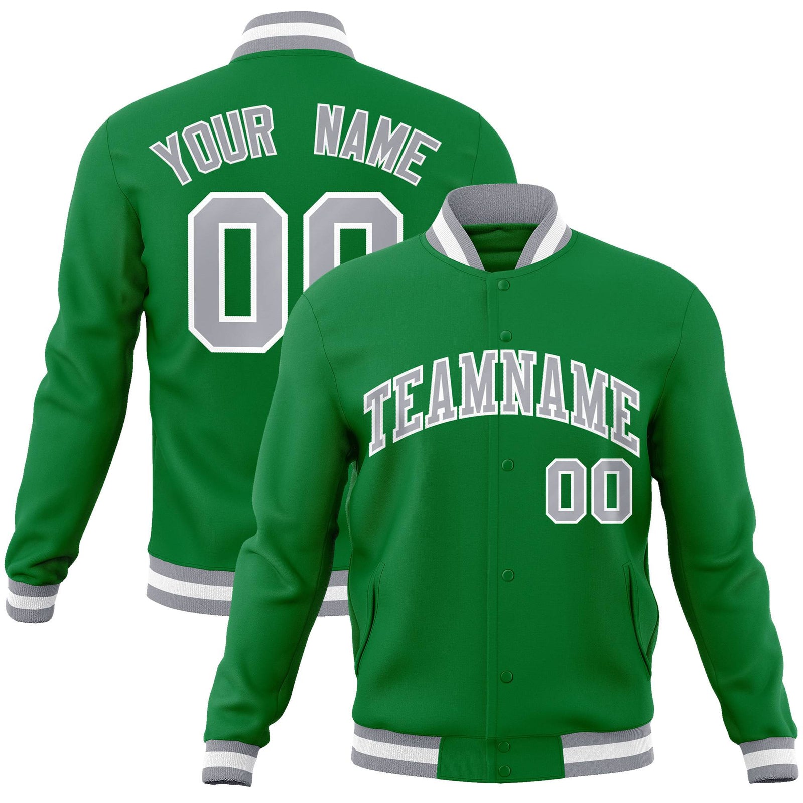 Custom Neon-Green Gray-White Bomber Full-Snap Varsity Letterman Jacket