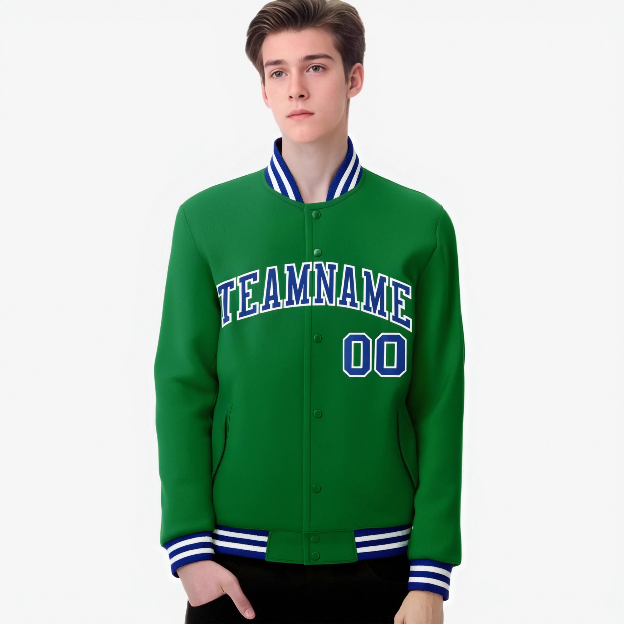 Custom Neon-Green Purple-White Bomber Full-Snap Varsity Letterman Jacket