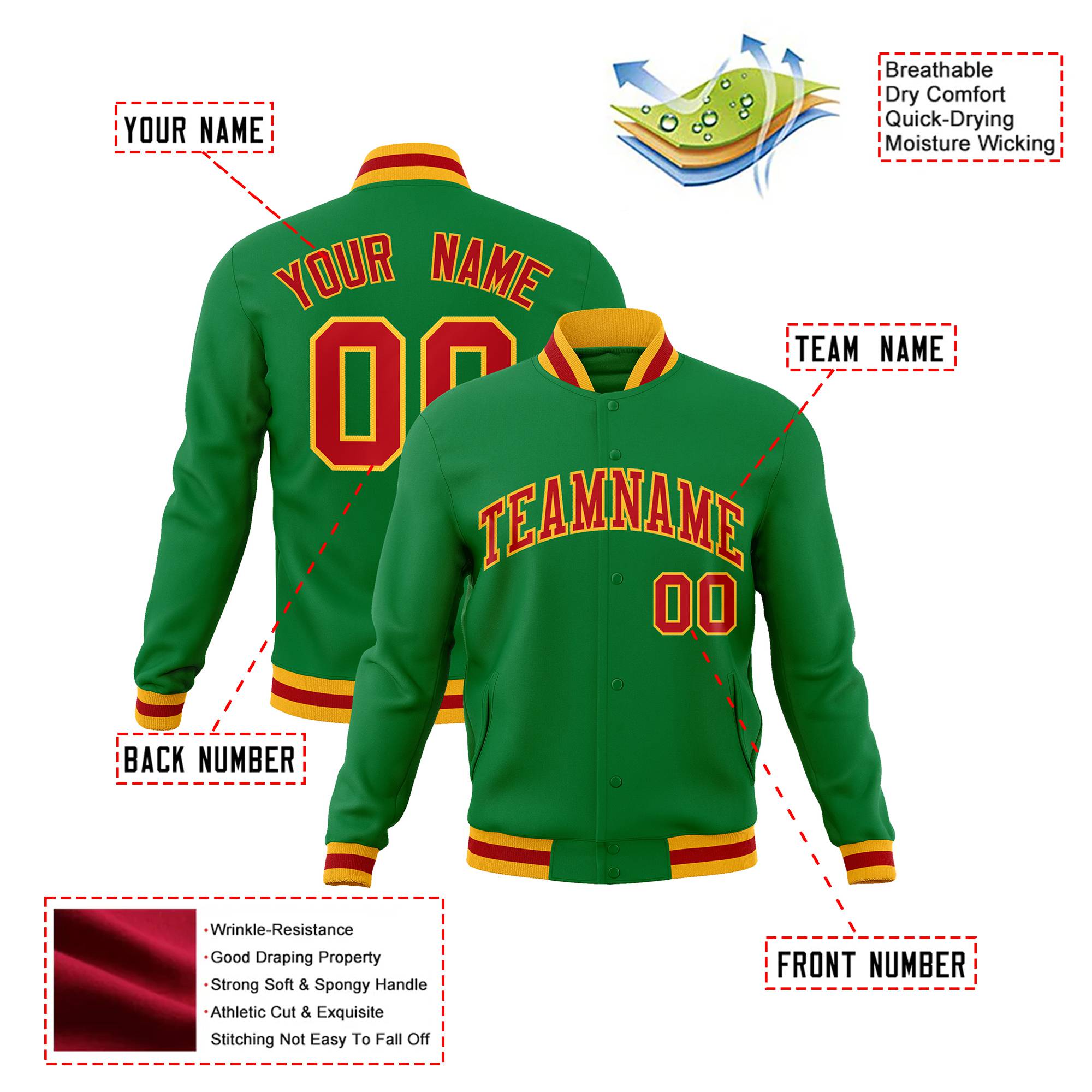 Custom Neon-Green Red-Gold Bomber Full-Snap Varsity Letterman Jacket