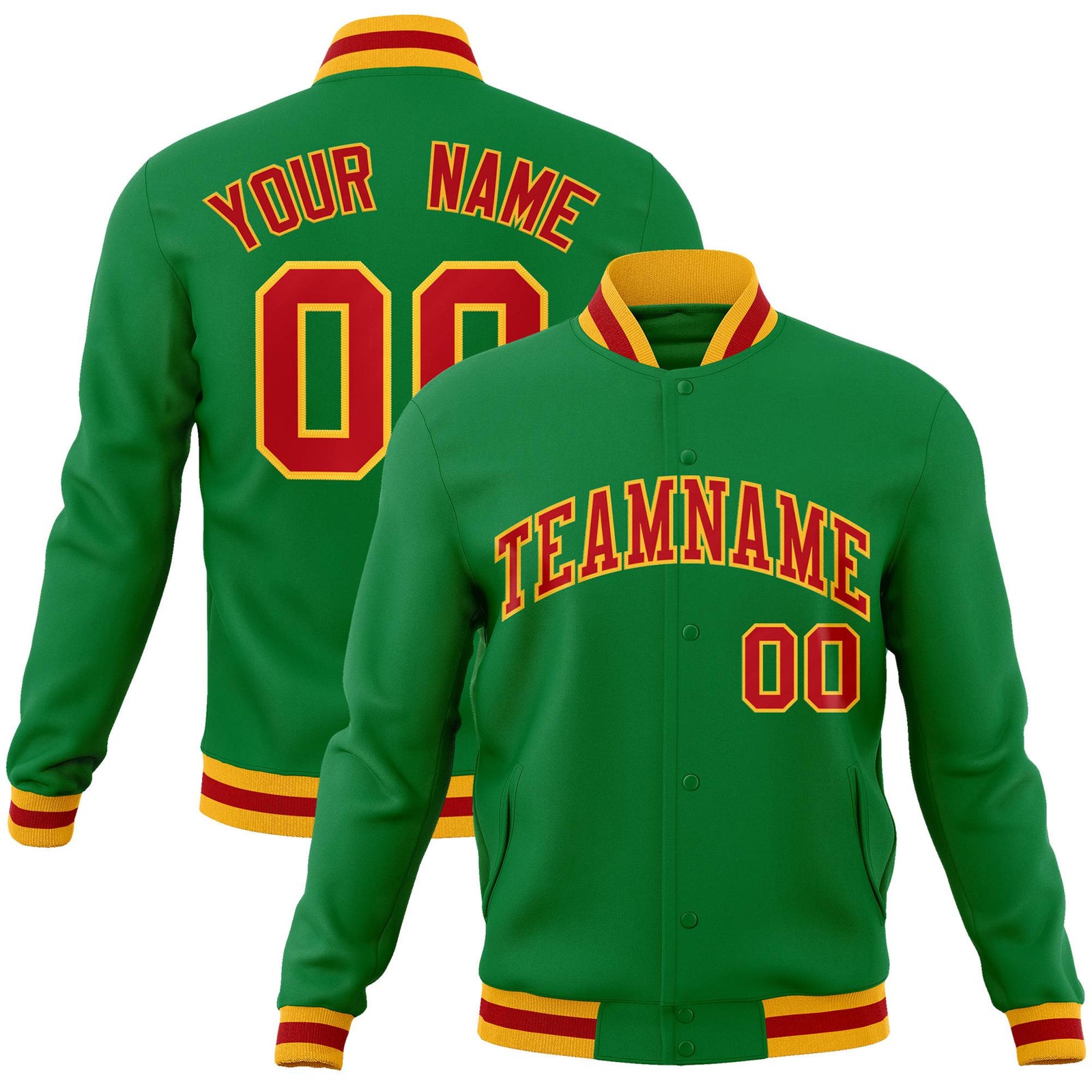 Custom Neon-Green Red-Gold Bomber Full-Snap Varsity Letterman Jacket