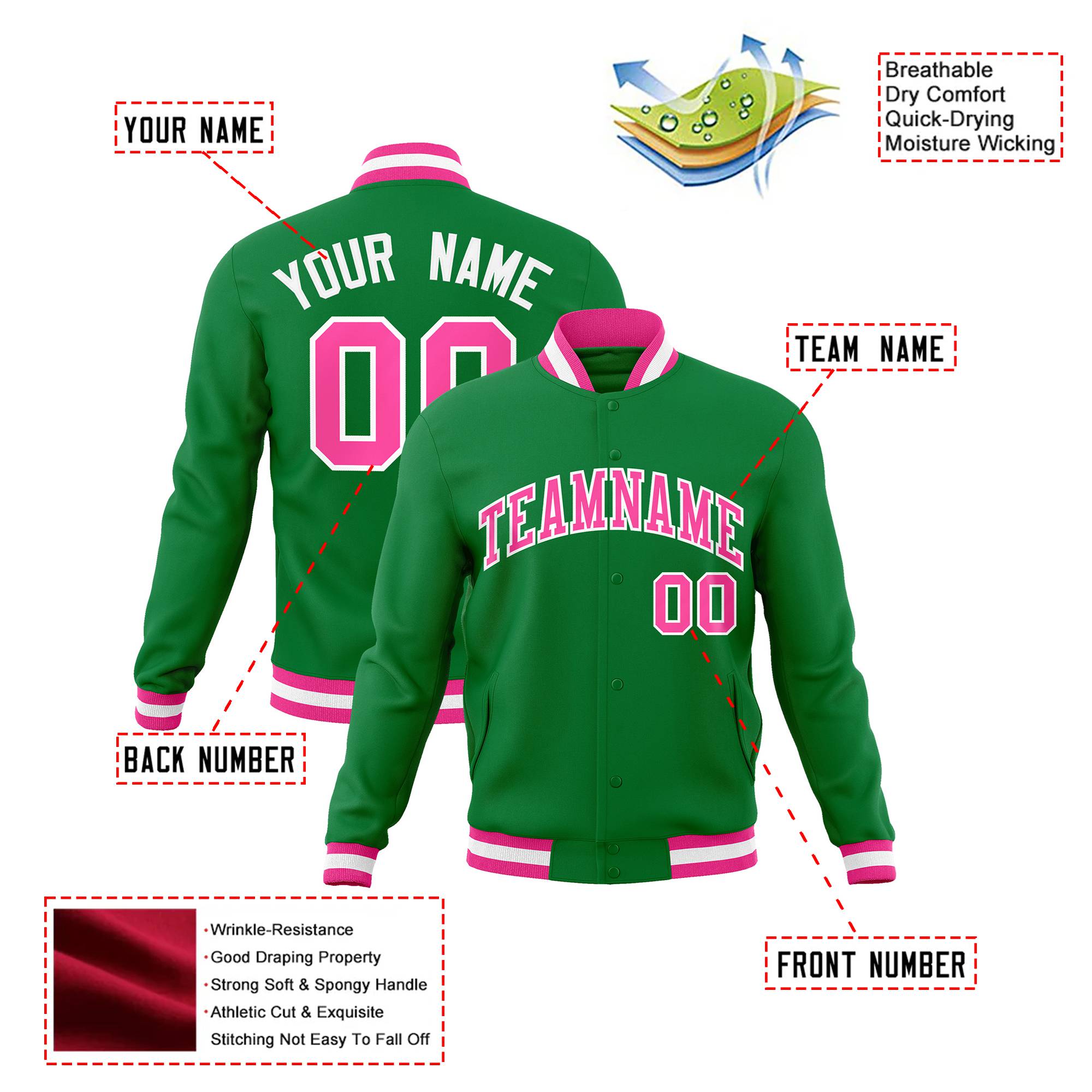 Custom Neon-Green Pink-White Bomber Full-Snap Varsity Letterman Jacket