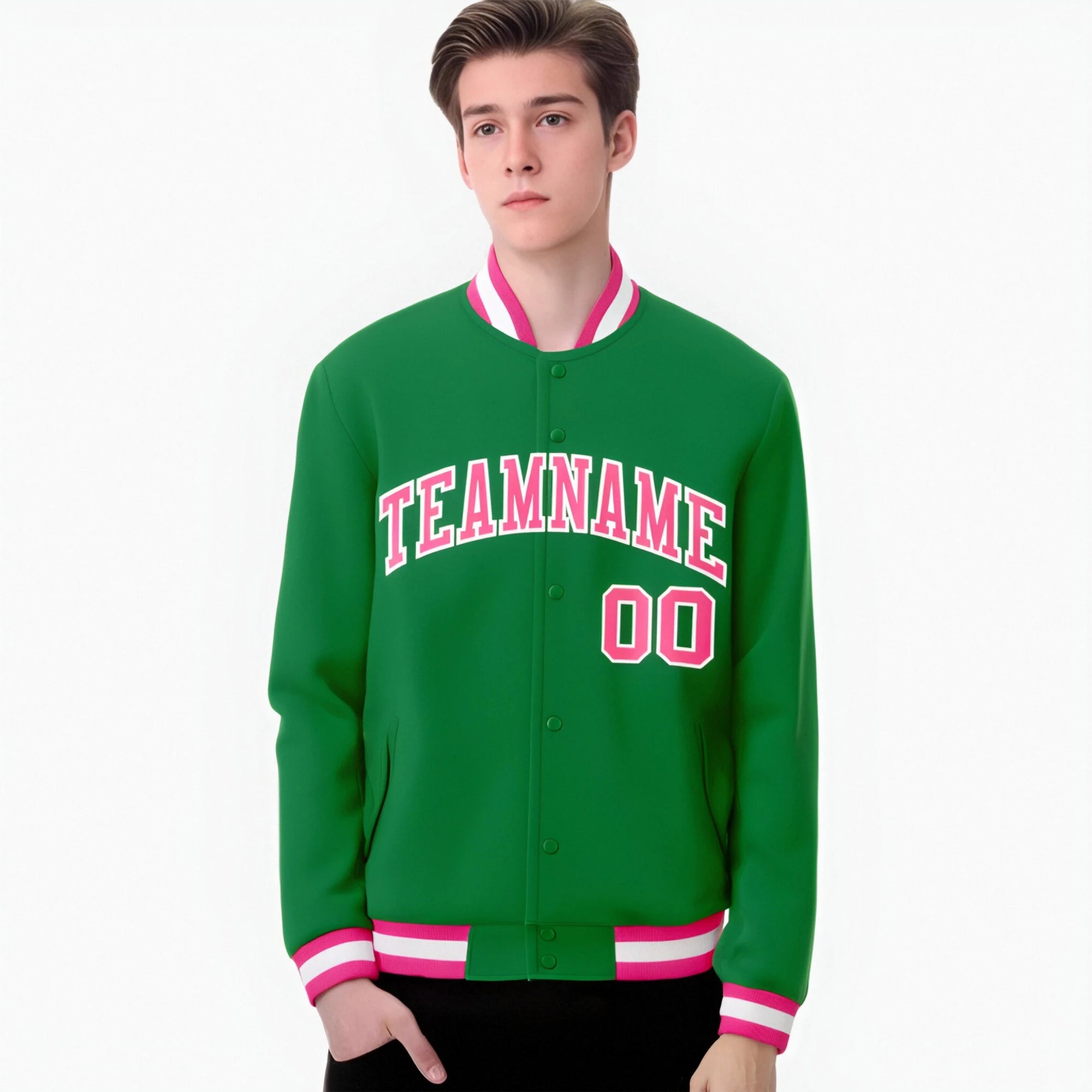 Custom Neon-Green Pink-White Bomber Full-Snap Varsity Letterman Jacket