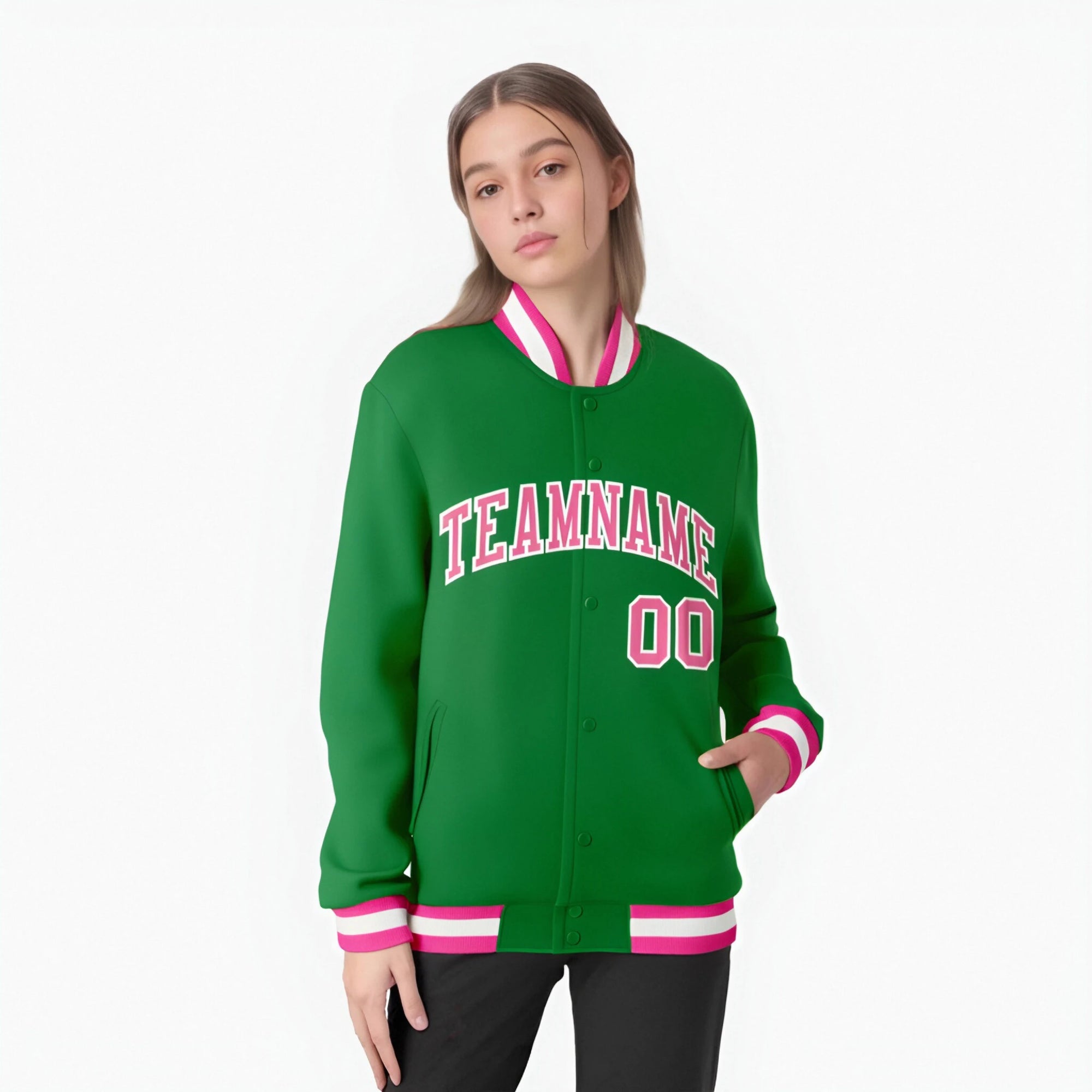 Custom Neon-Green Pink-White Bomber Full-Snap Varsity Letterman Jacket