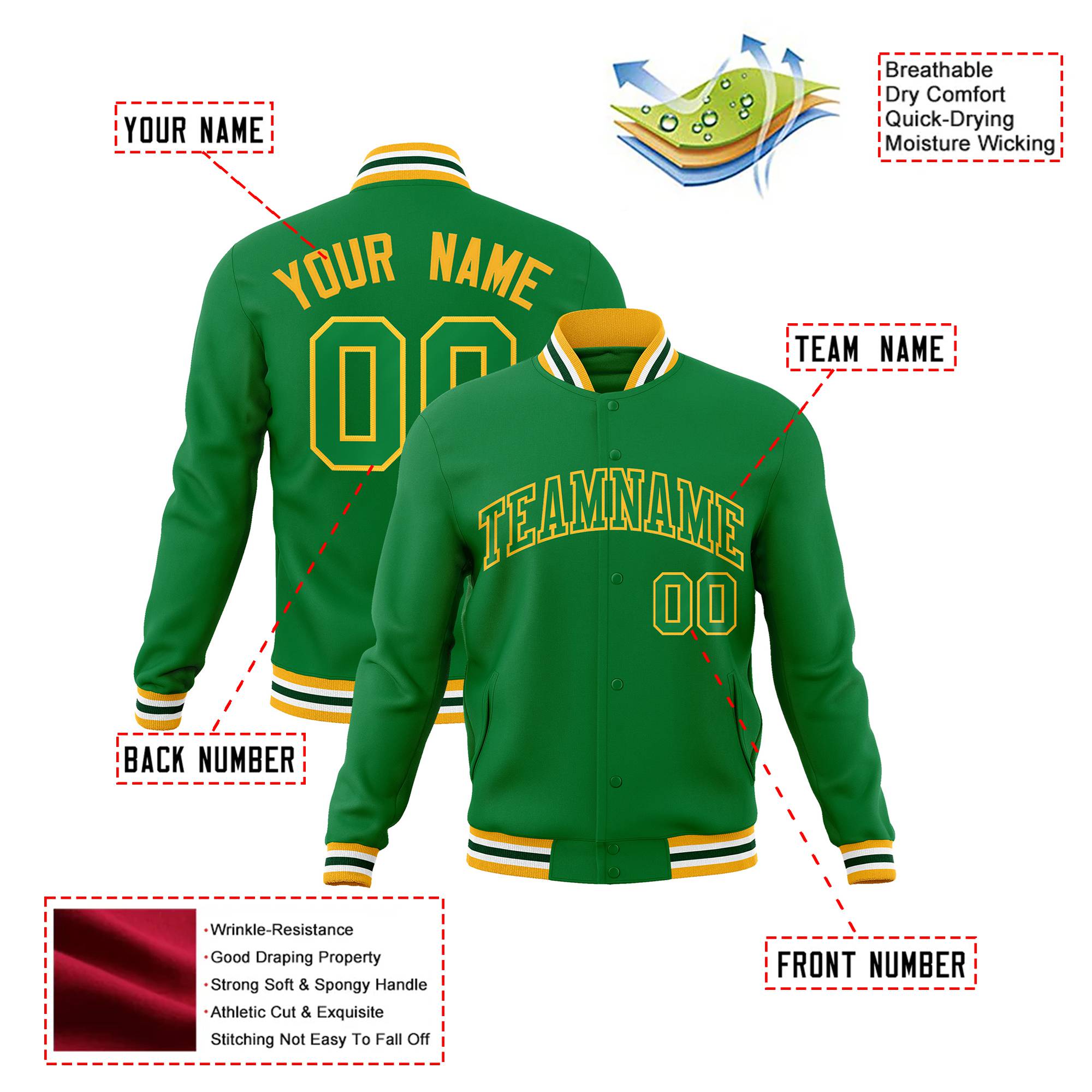 Custom Neon-Green Gold Bomber Full-Snap Varsity Letterman Jacket