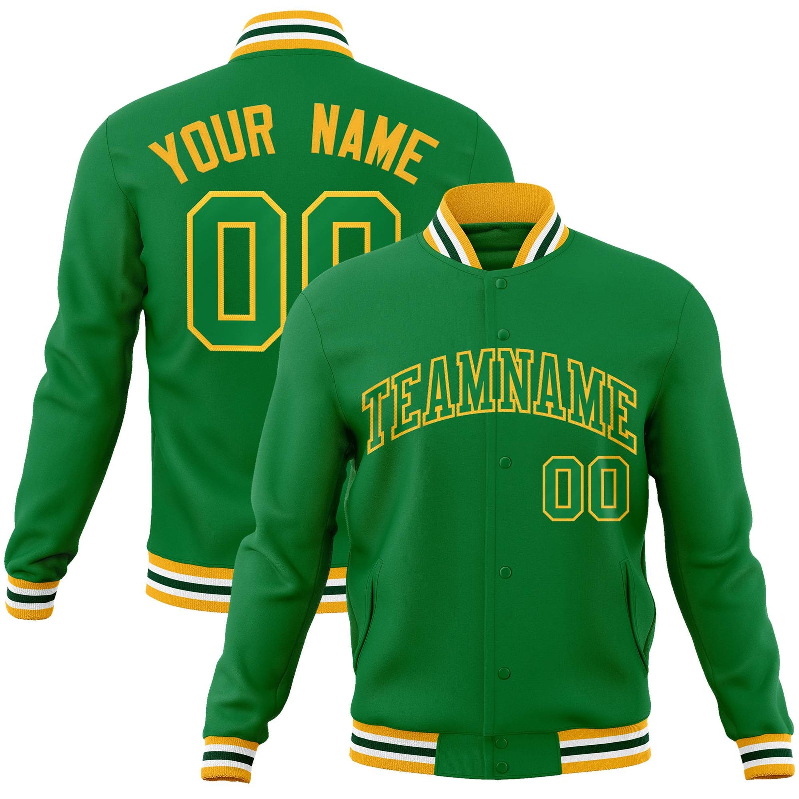 Custom Neon-Green Gold Bomber Full-Snap Varsity Letterman Jacket