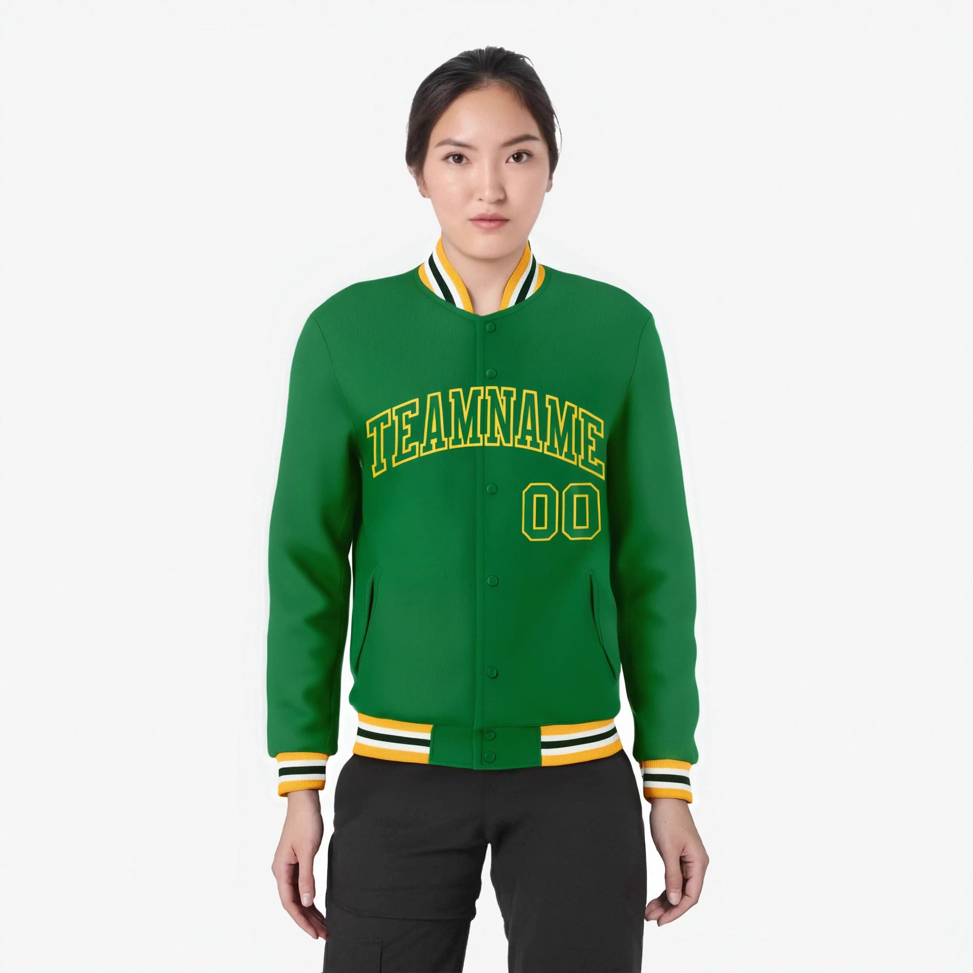 Custom Neon-Green Gold Bomber Full-Snap Varsity Letterman Jacket