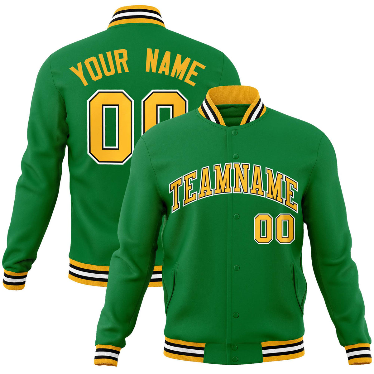 Custom Neon-Green Gold Black-White Bomber Full-Snap Varsity Letterman Jacket