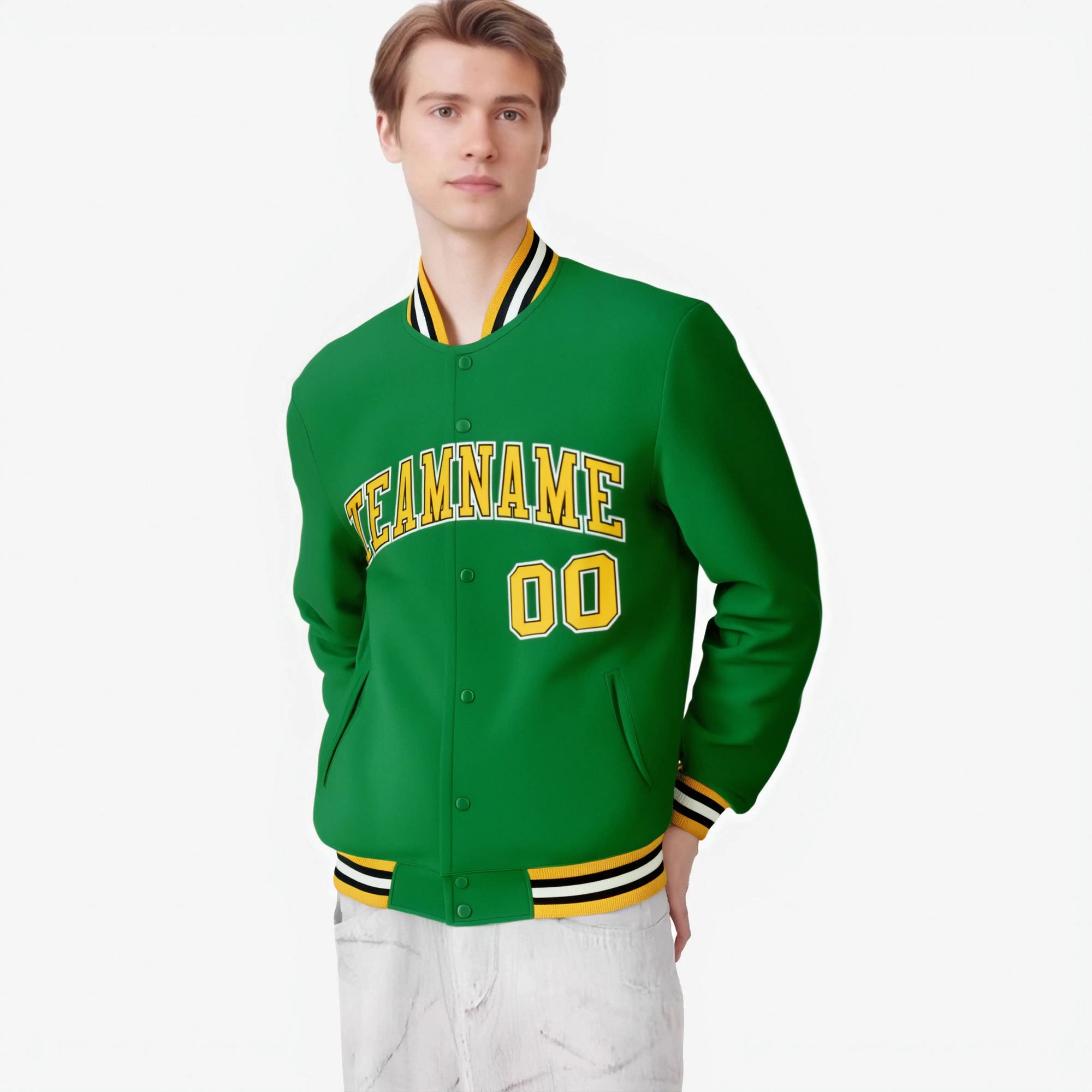 Custom Neon-Green Gold Black-White Bomber Full-Snap Varsity Letterman Jacket