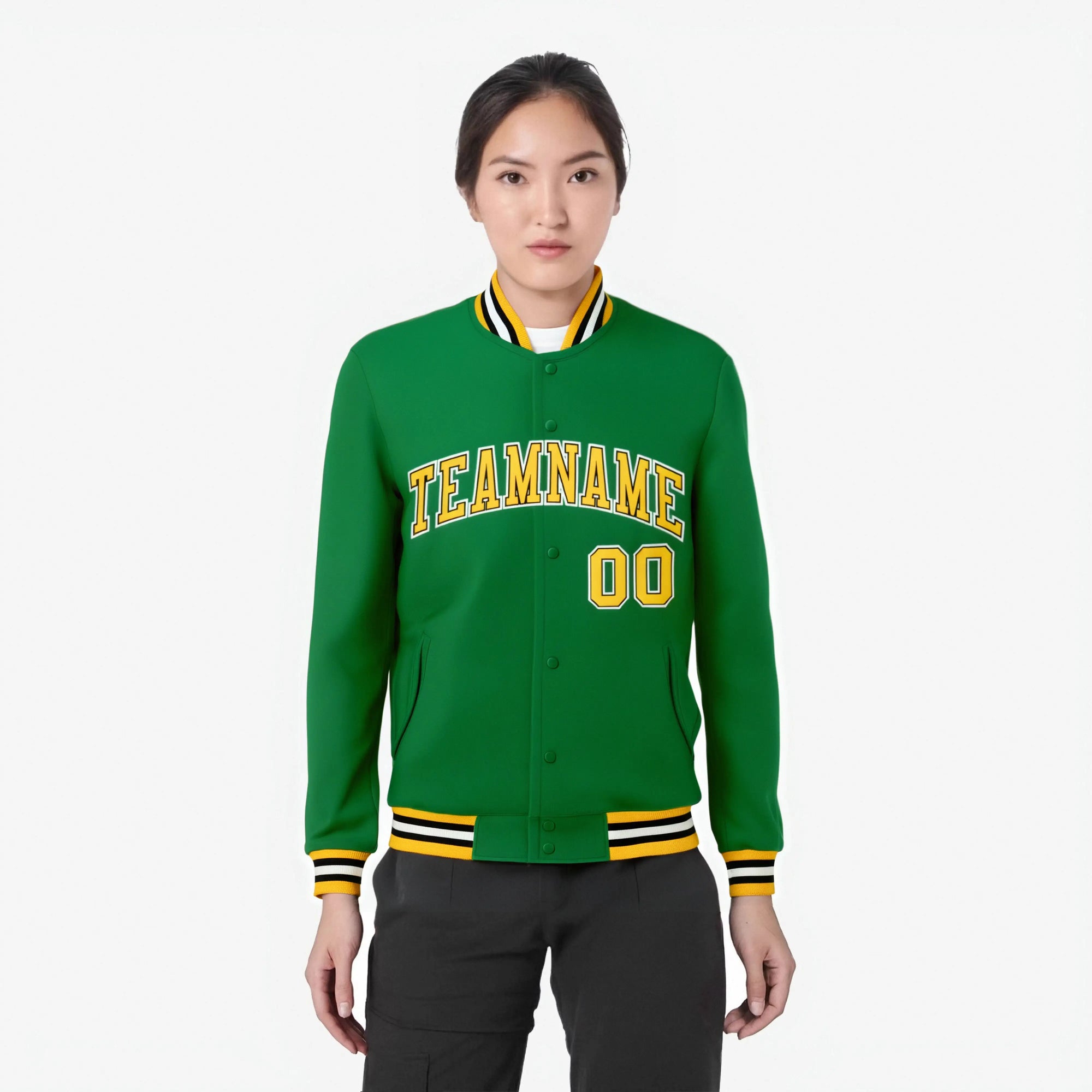 Custom Neon-Green Gold Black-White Bomber Full-Snap Varsity Letterman Jacket