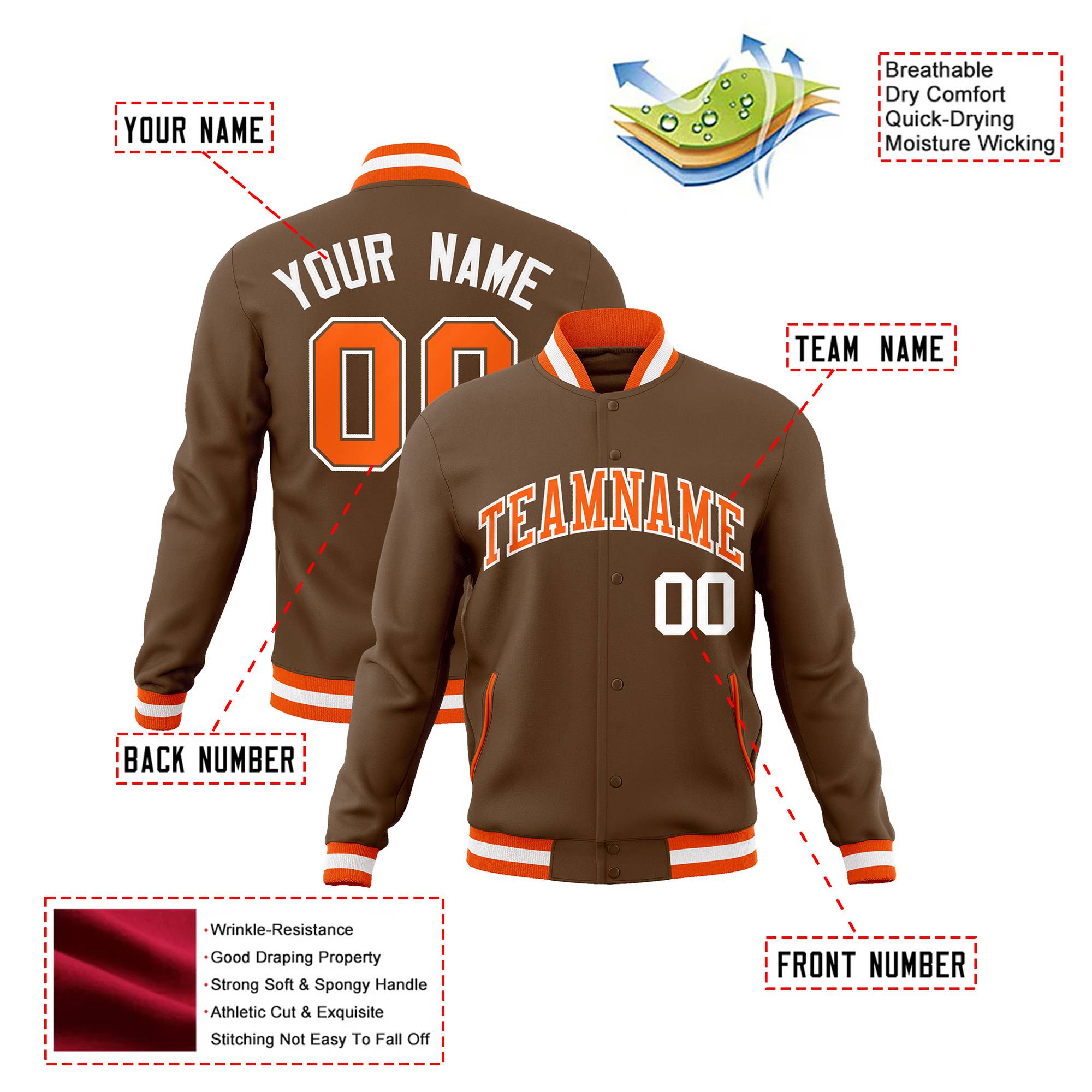 Custom Brown Orange White Bomber Full-Snap Varsity Letterman Jacket