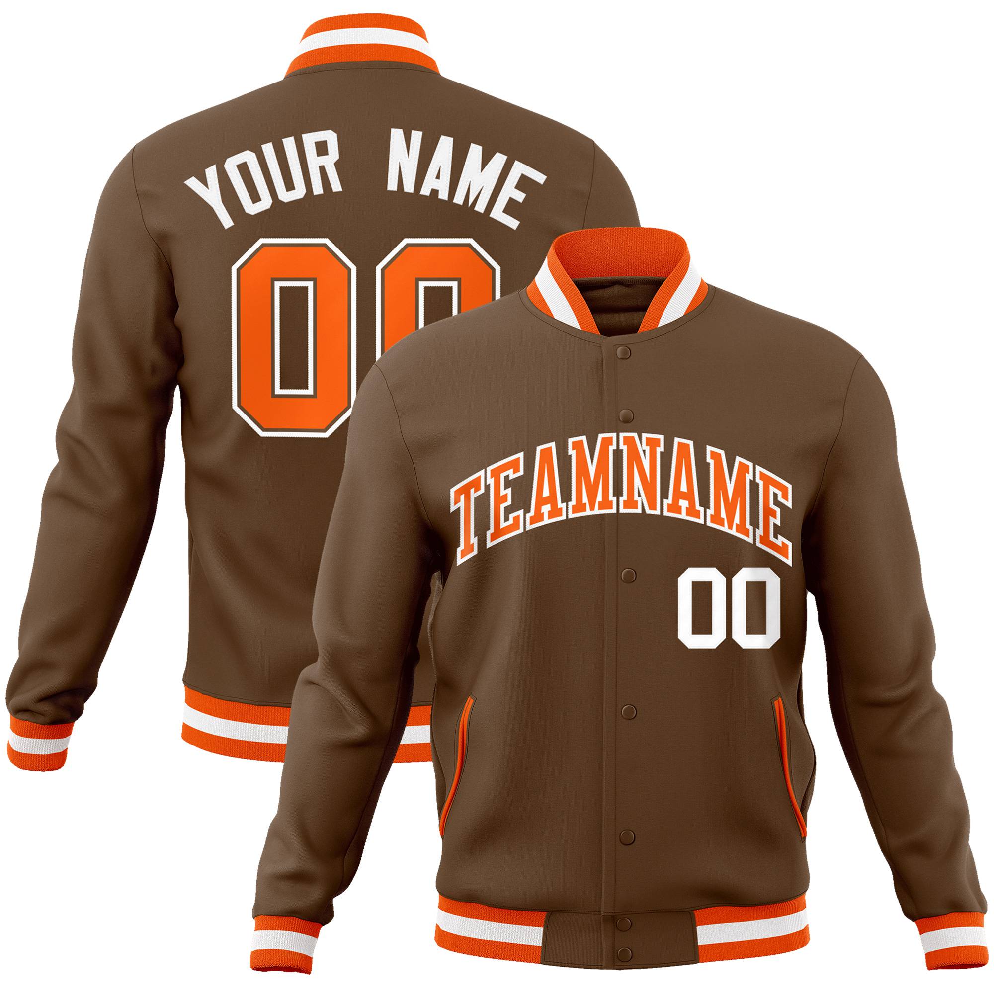 Custom Brown Orange White Bomber Full-Snap Varsity Letterman Jacket