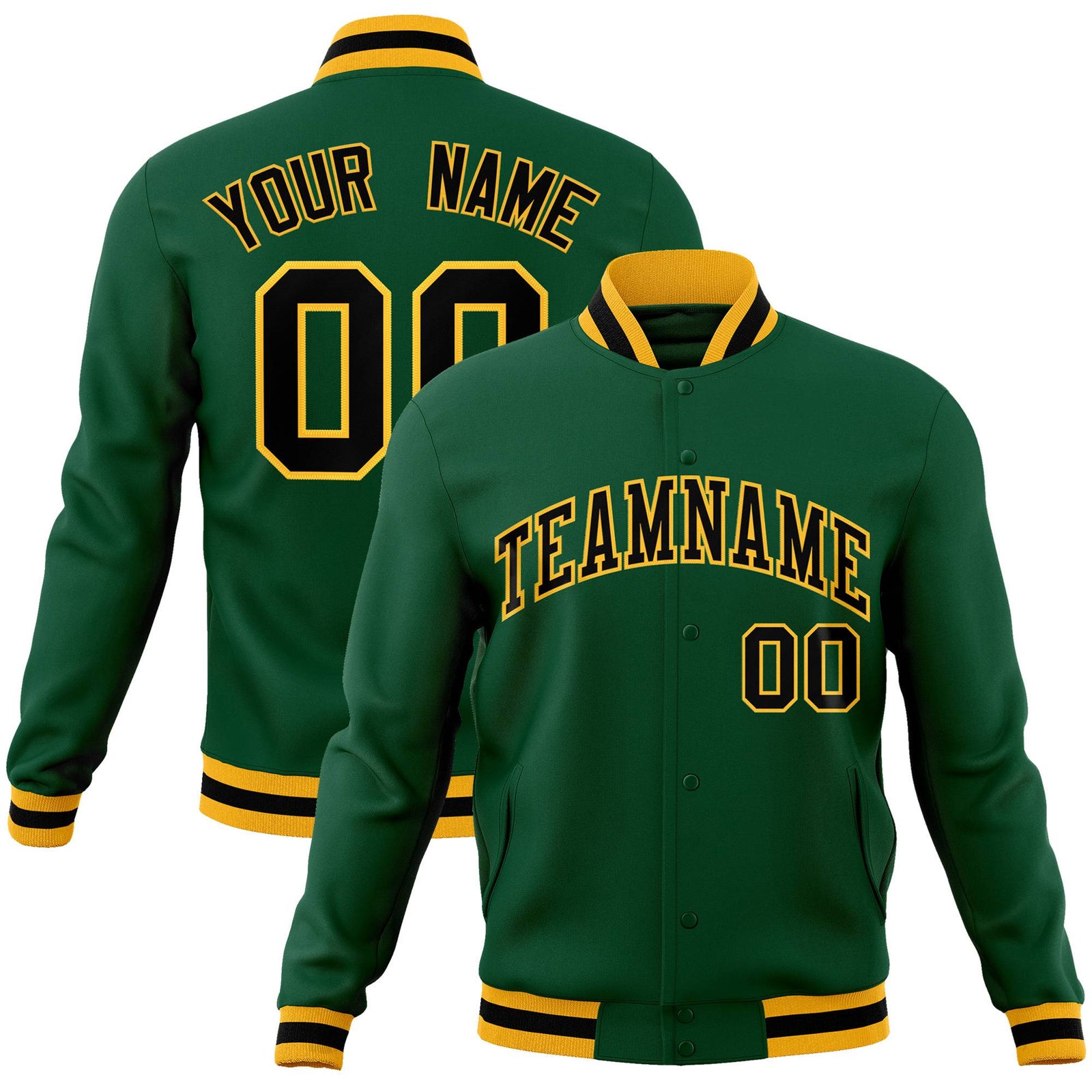 Custom Midnight-Green Black Gold Bomber Full-Snap Varsity Letterman Jacket