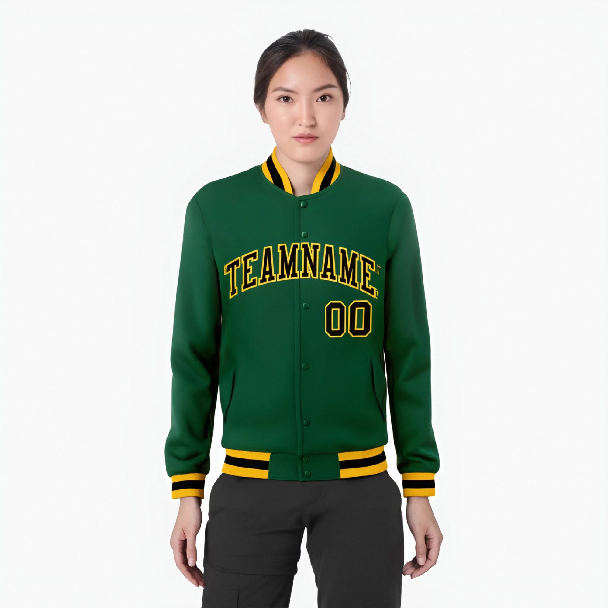 Custom Midnight-Green Black Gold Bomber Full-Snap Varsity Letterman Jacket