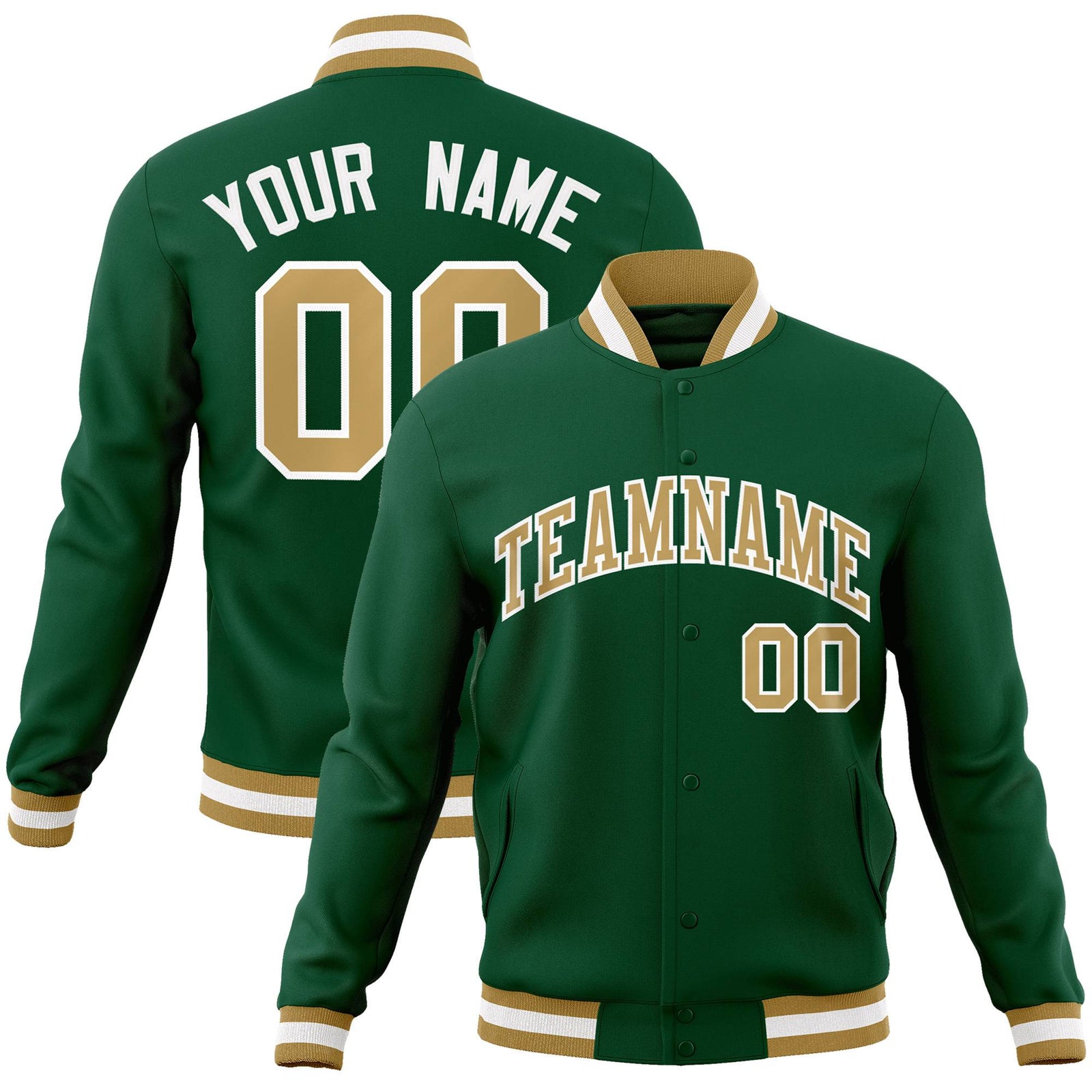 Custom Midnight-Green Brown White Bomber Full-Snap Varsity Letterman Jacket