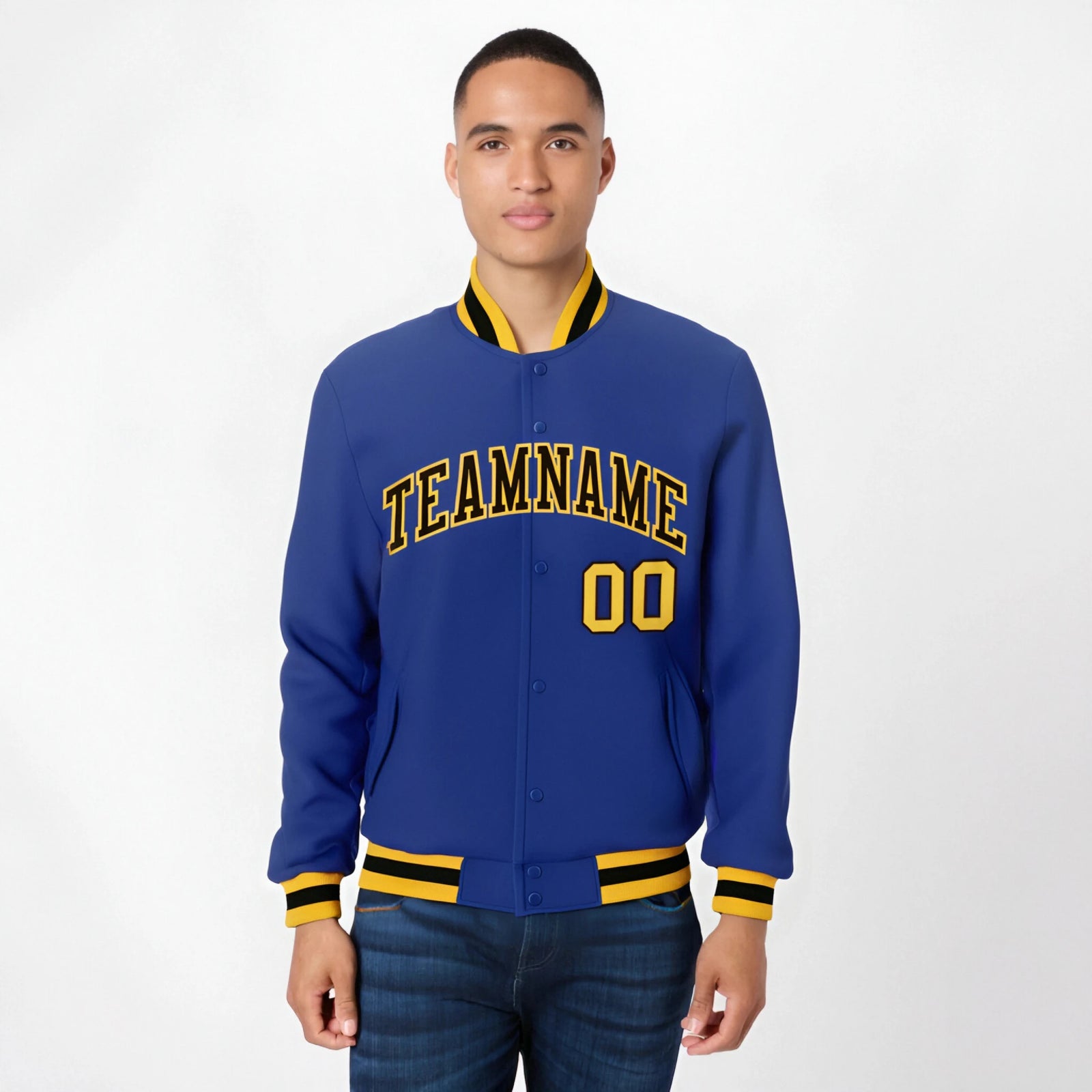 Custom Purple Black-Gold Bomber Full-Snap Varsity Letterman Jacket