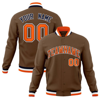 Custom Light Brown Navy Orange White Bomber Full-Snap Varsity Letterman Jacket - Style 1