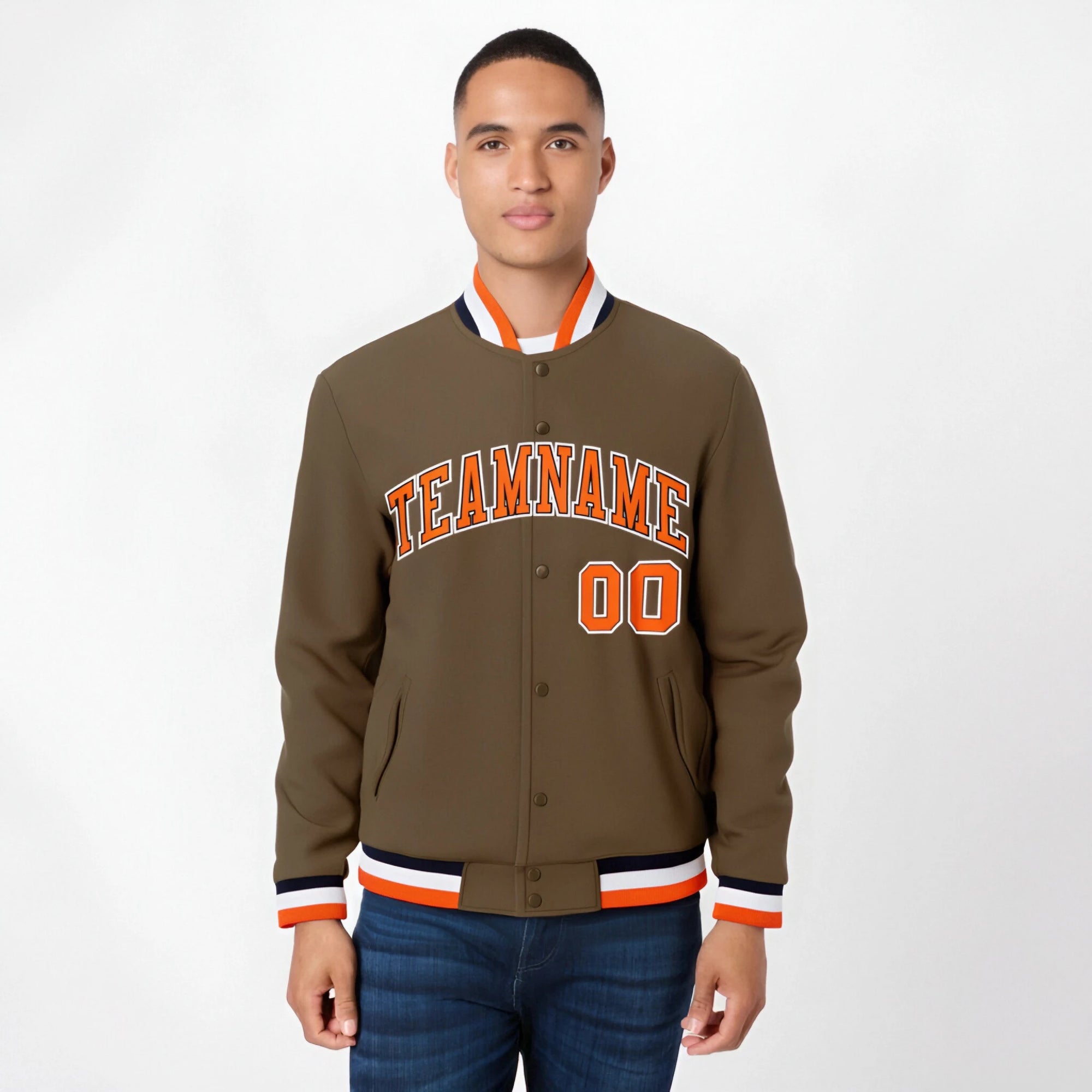 Custom Brown Orange White Black Bomber Full-Snap Varsity Letterman Jacket