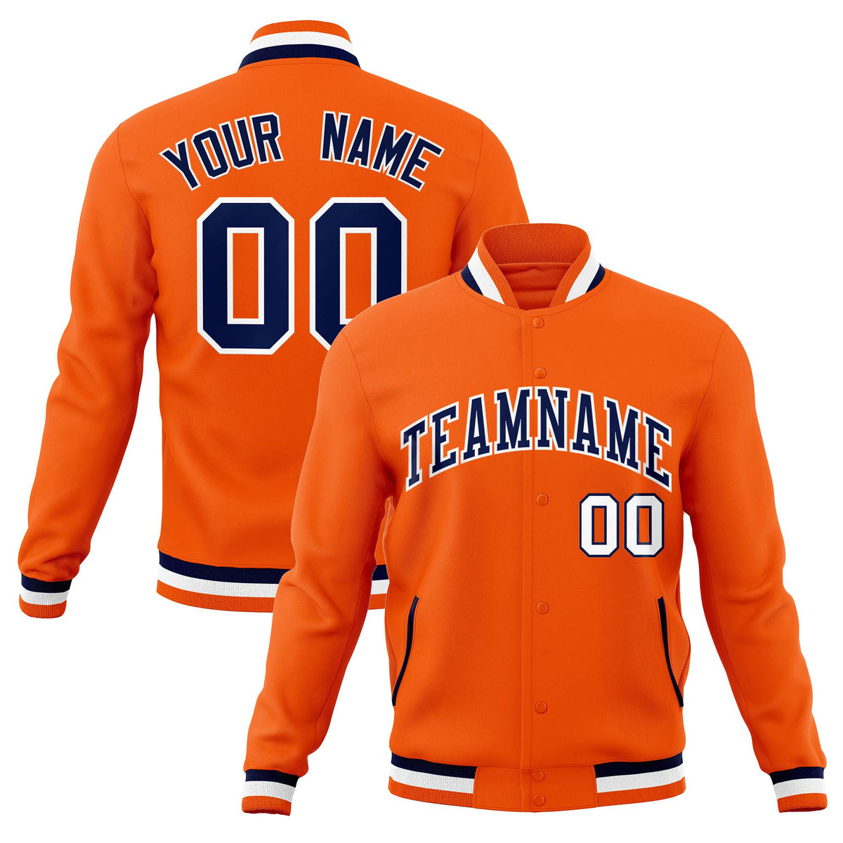 Custom Orange Navy White Bomber Full-Snap Varsity Letterman Jacket