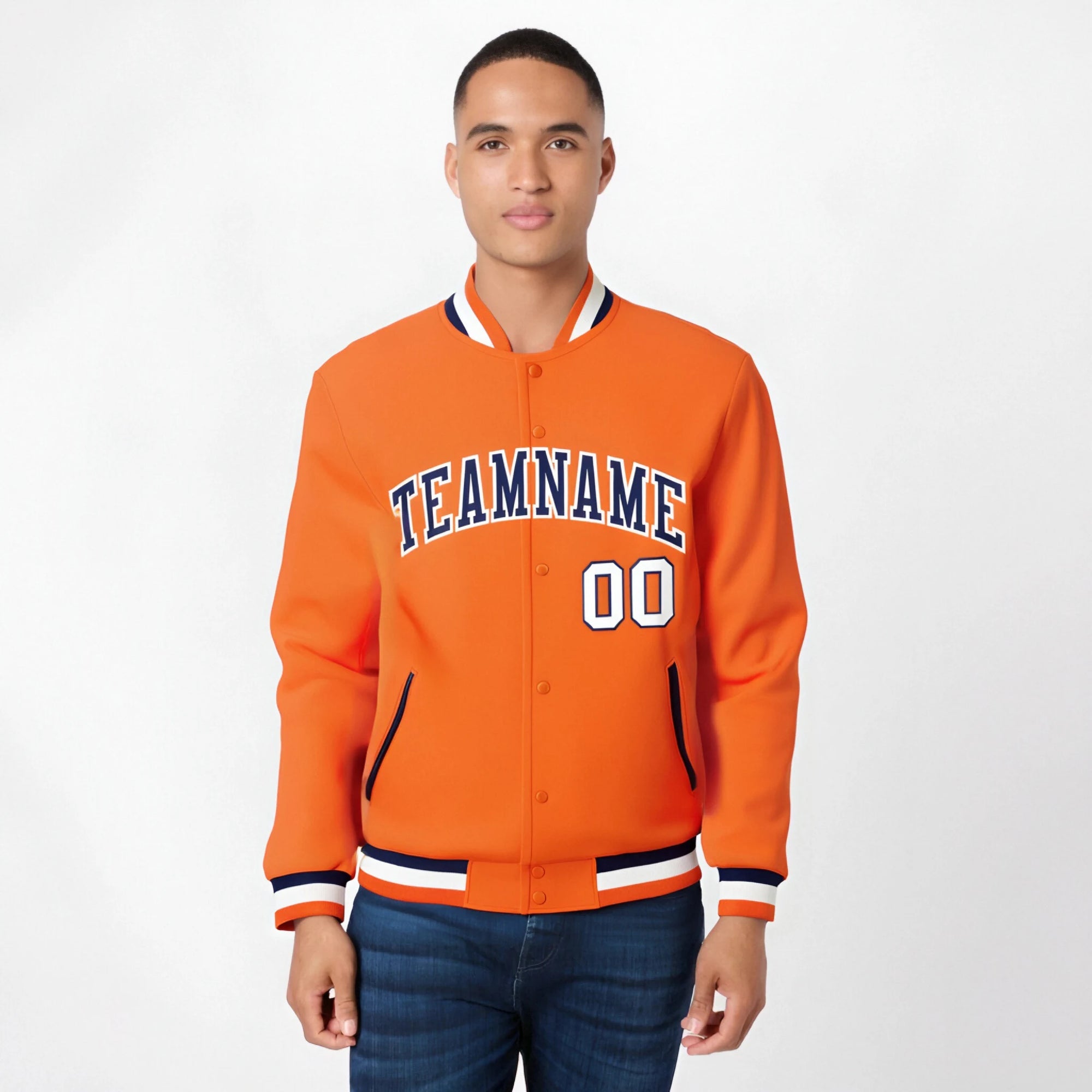 Custom Orange Navy White Bomber Full-Snap Varsity Letterman Jacket