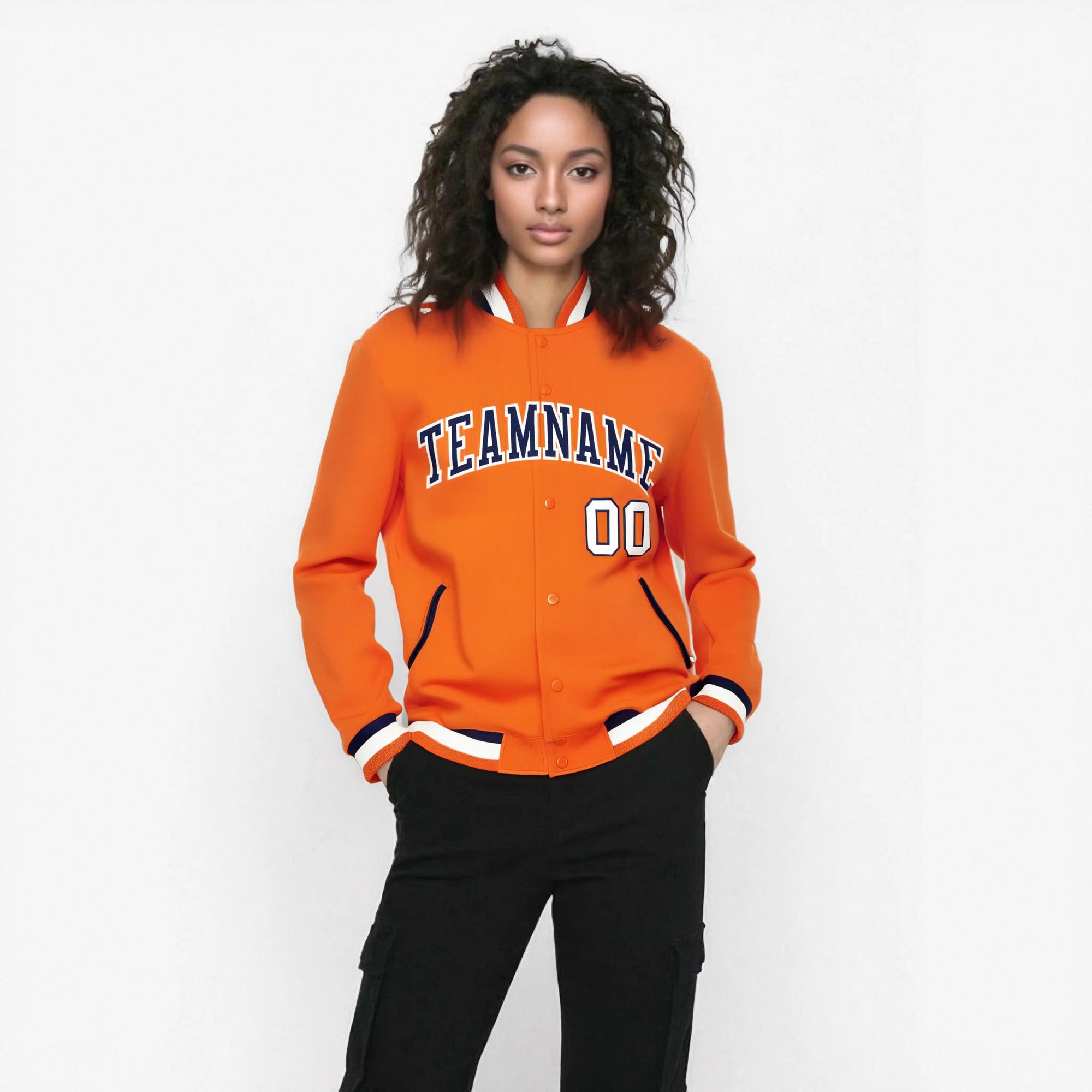 Custom Orange Navy White Bomber Full-Snap Varsity Letterman Jacket