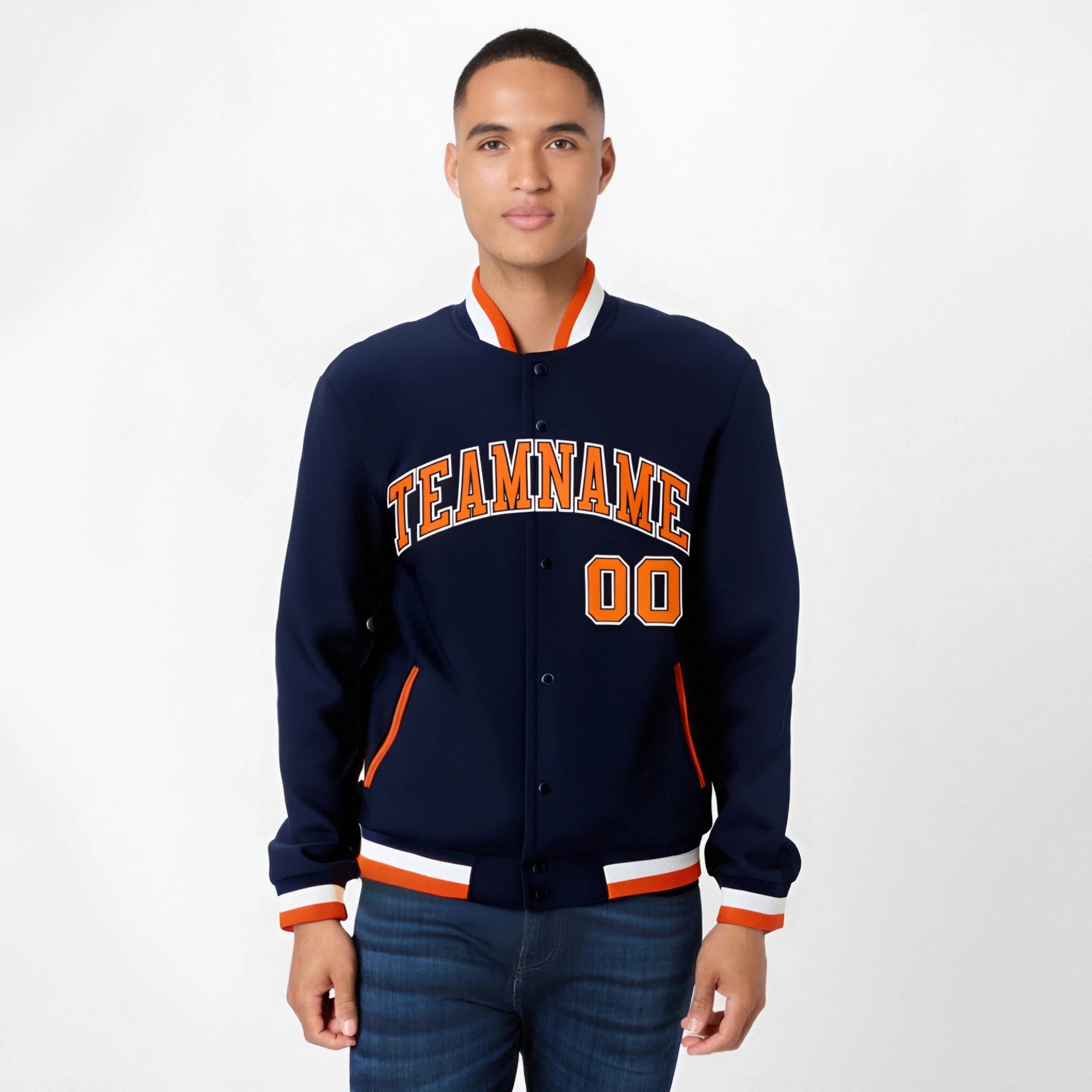 Custom Navy Orange White Bomber Full-Snap Varsity Letterman Jacket