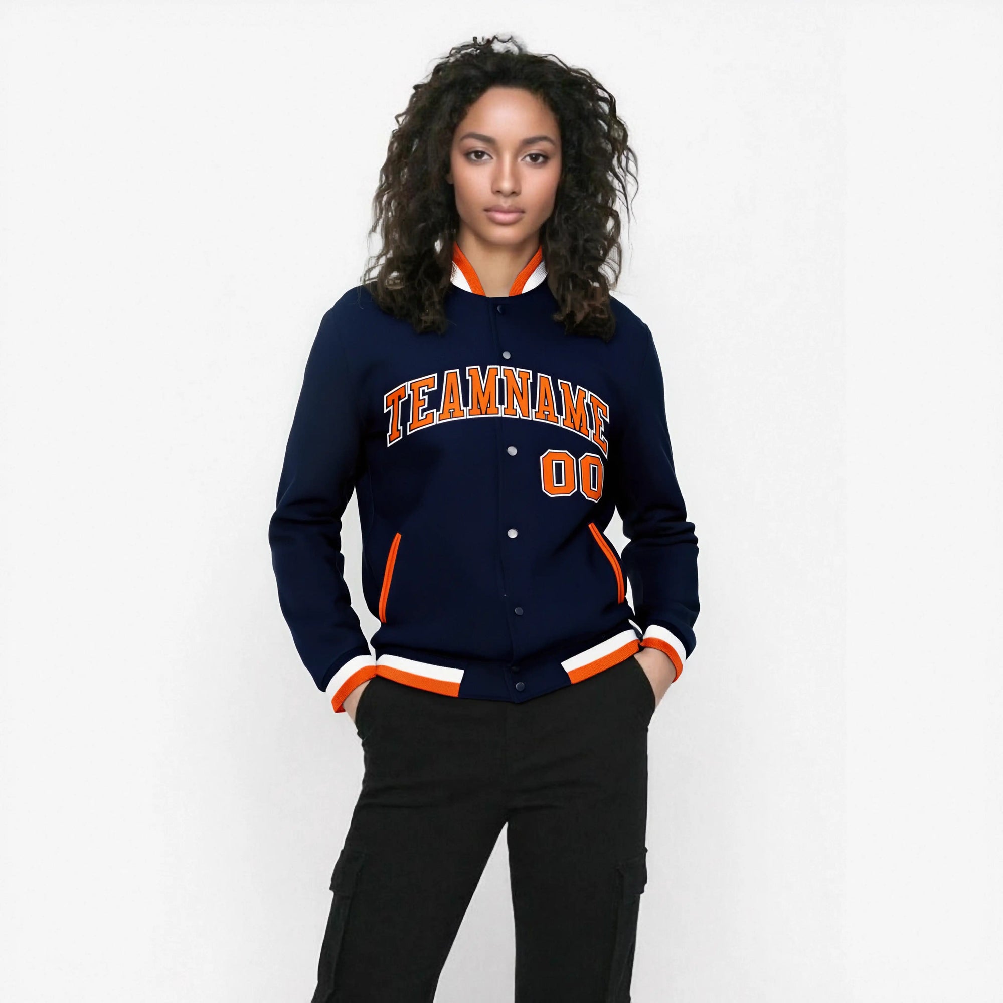 Custom Navy Orange White Bomber Full-Snap Varsity Letterman Jacket