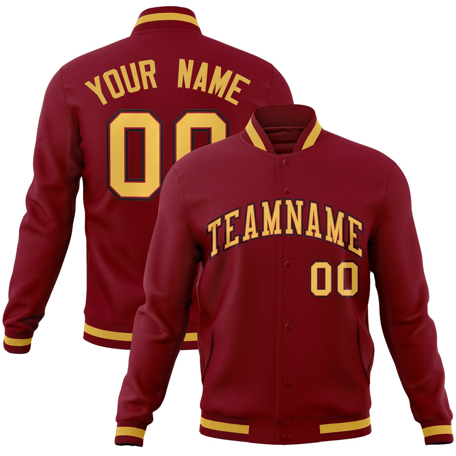 Custom Burgundy Yellow-Black Bomber Full-Snap Varsity Letterman Jacket