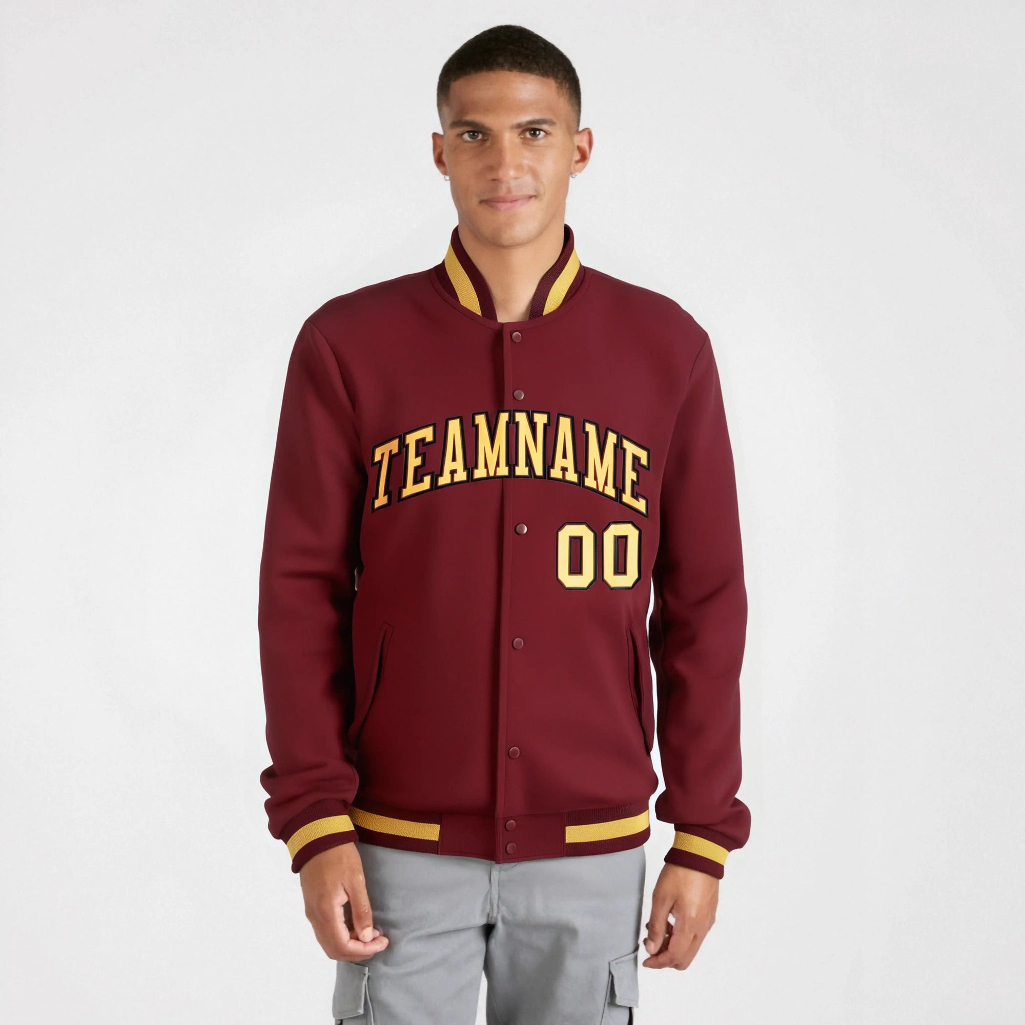 Custom Burgundy Yellow-Black Bomber Full-Snap Varsity Letterman Jacket