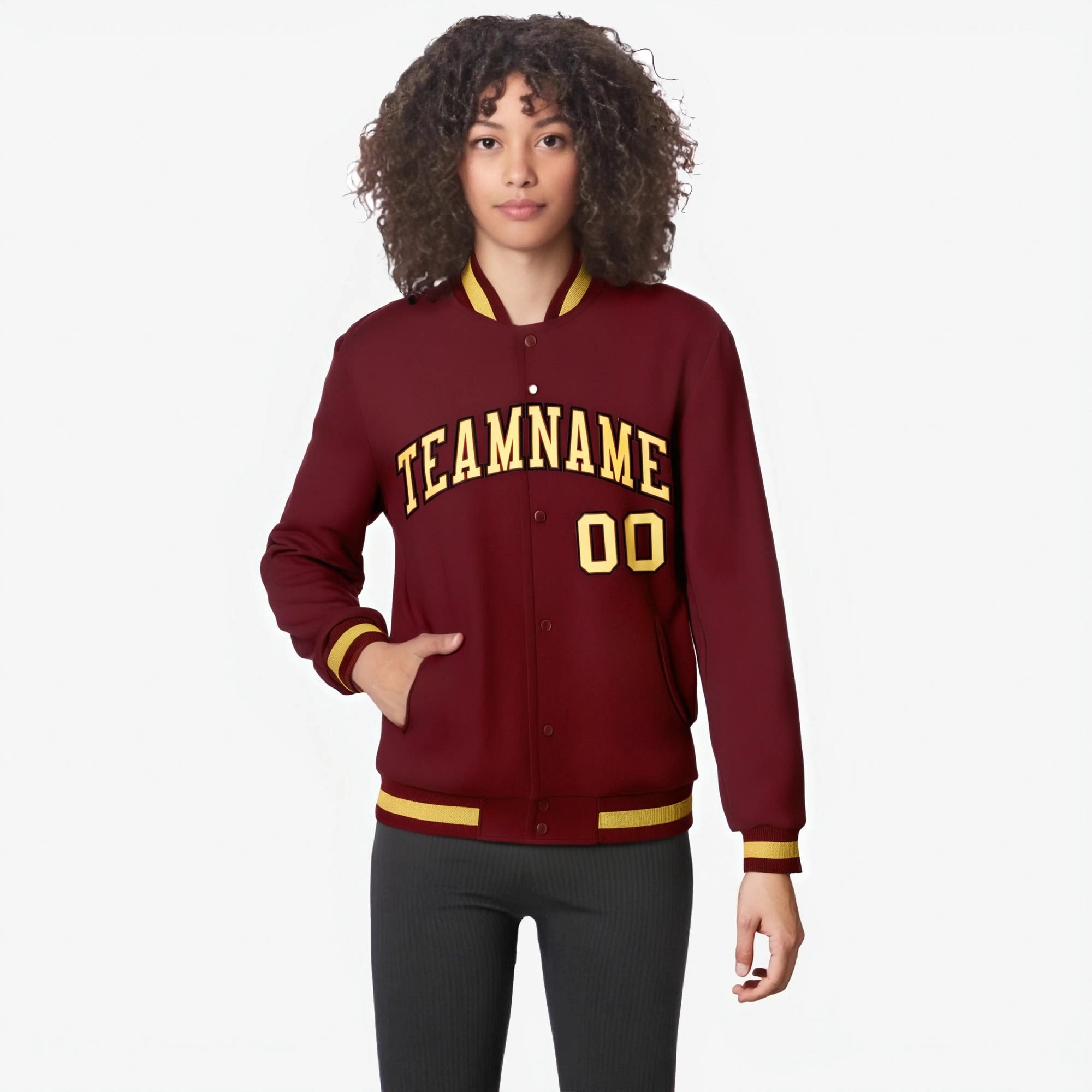 Custom Burgundy Yellow-Black Bomber Full-Snap Varsity Letterman Jacket