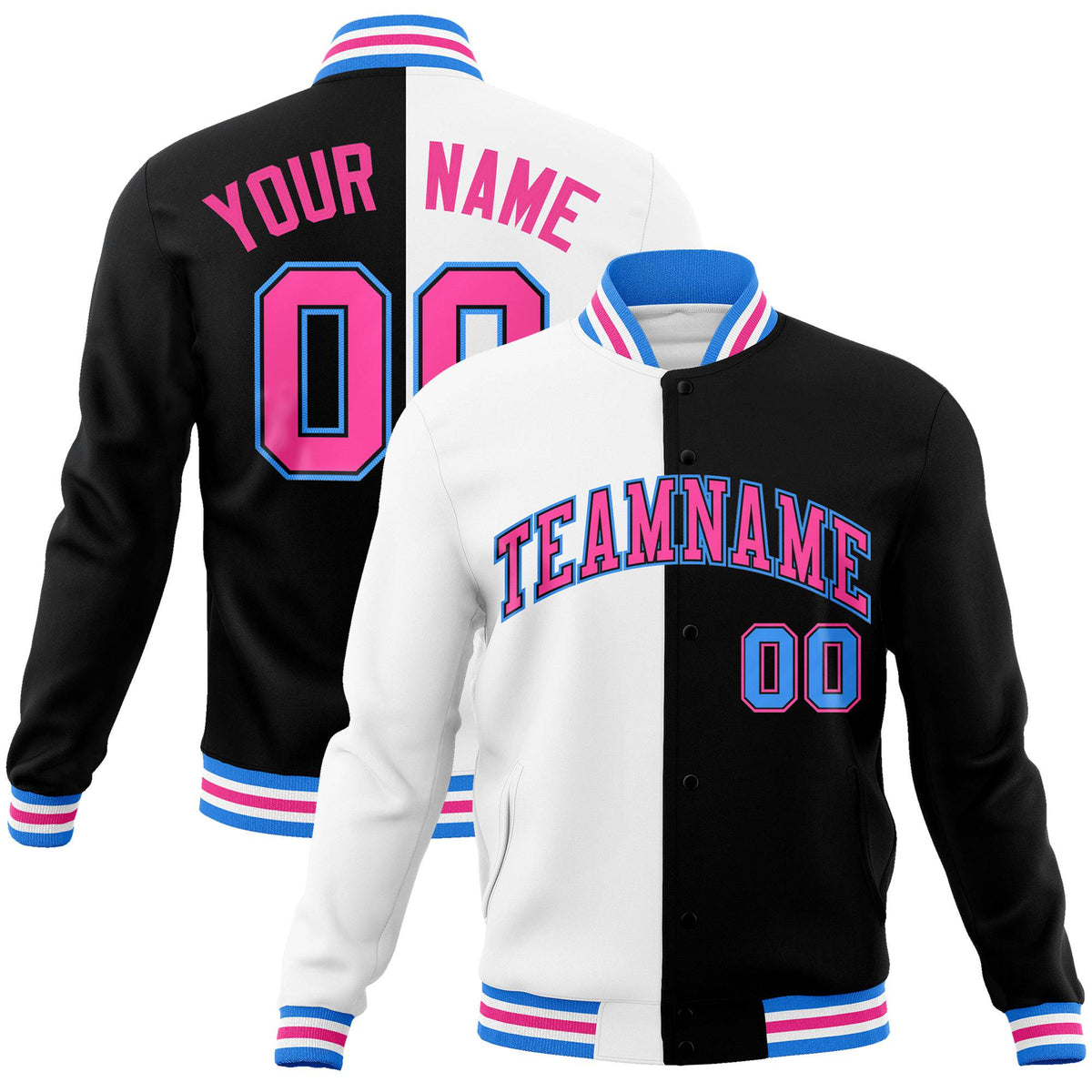 Custom White Light-Blue Black Bomber Full-Snap Varsity Letterman Split Fashion Jacket