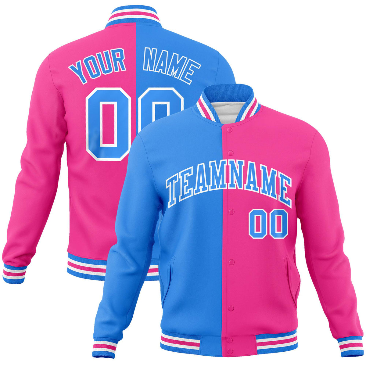 Custom Light-Blue Pink Bomber Full-Snap Varsity Letterman Split Fashion Jacket