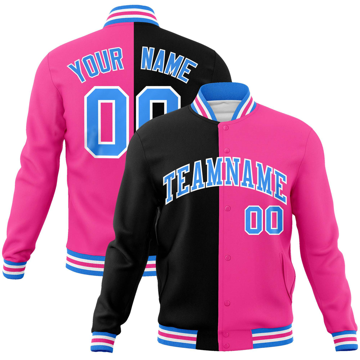 Custom Black Light-Blue Pink Bomber Full-Snap Varsity Letterman Split Fashion Jacket