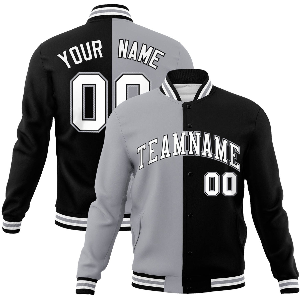 Custom Gray White Black Bomber Full-Snap Varsity Letterman Split Fashion Jacket