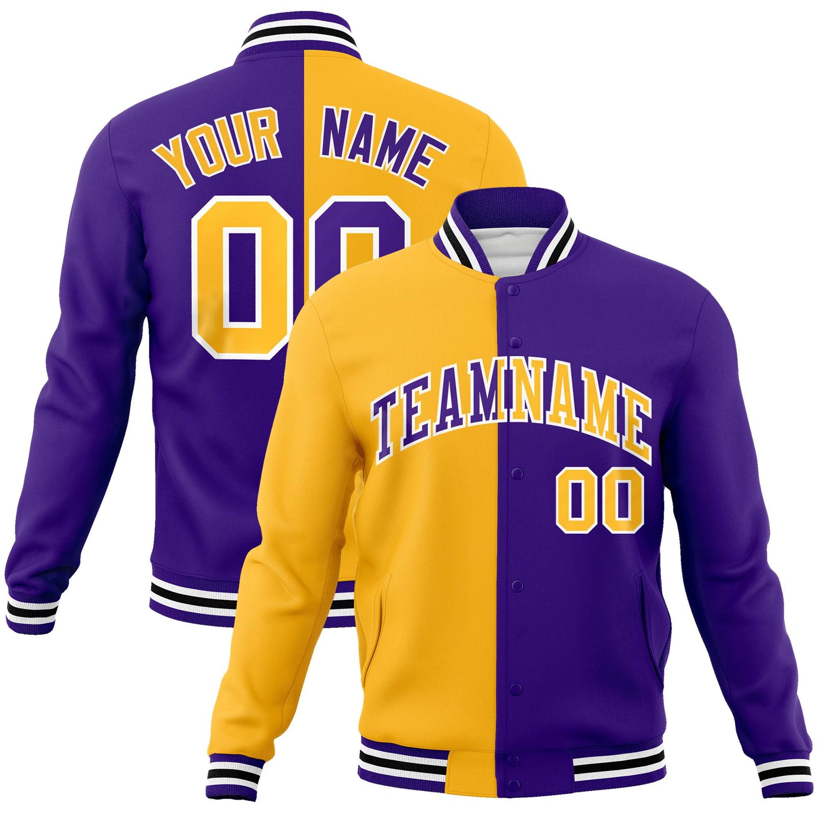 Custom Yellow White Purple Bomber Full-Snap Varsity Letterman Split Fashion Jacket