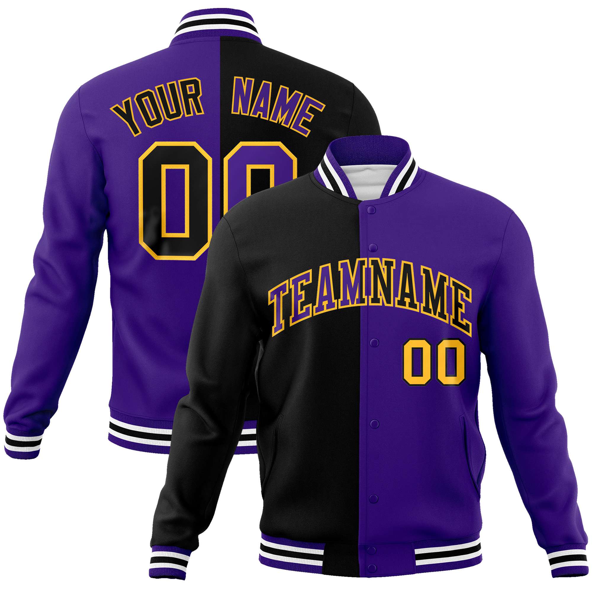 Custom Black Yellow Purple Bomber Full-Snap Varsity Letterman Split Fashion Jacket