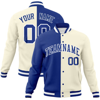 Chaqueta bomber personalizada de estilo universitario con aberturas laterales, color azul rey, caqui y blanco, con cierre completo  - Estilo 1