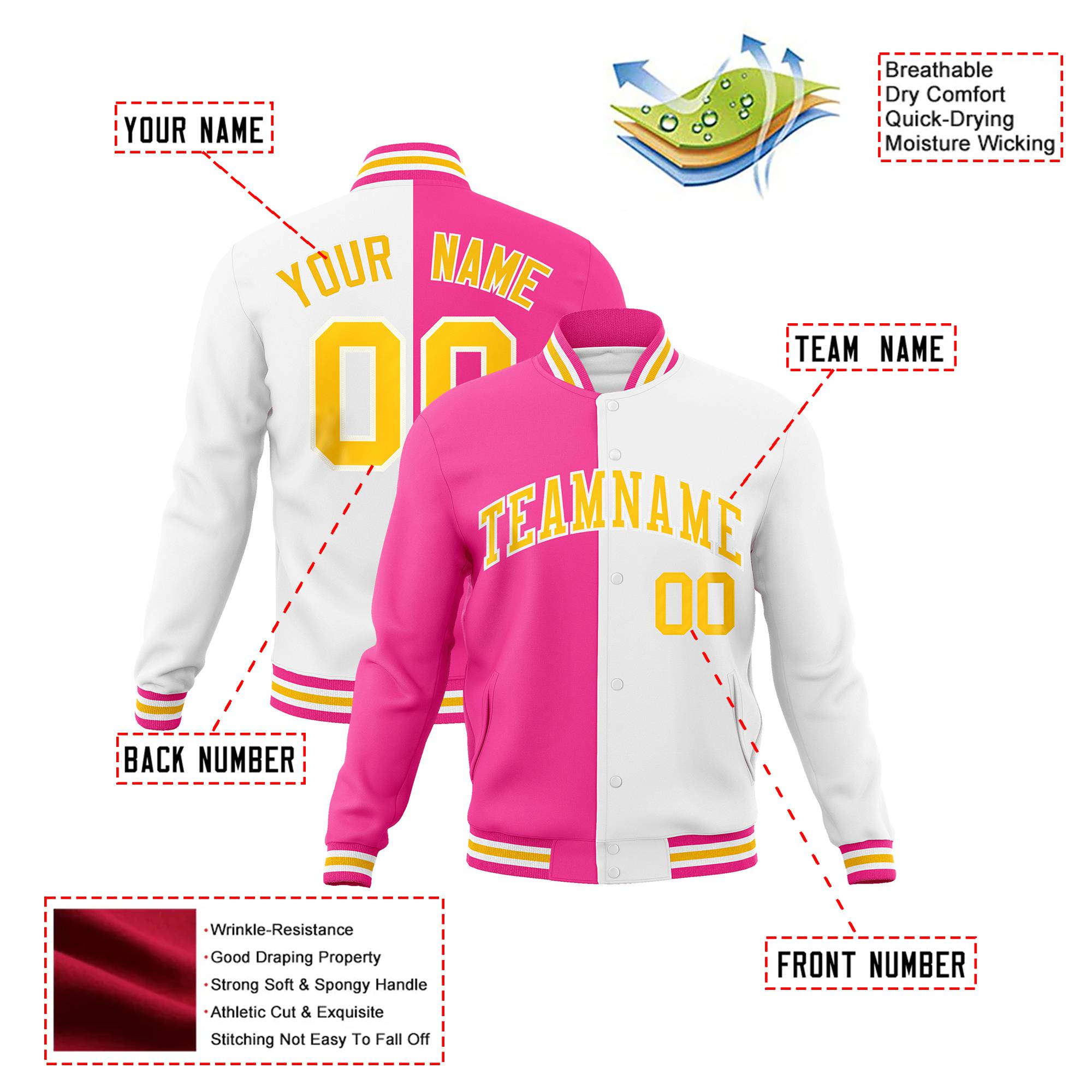 Custom Pink White Yellow Bomber Full-Snap Varsity Letterman Split Fashion Jacket