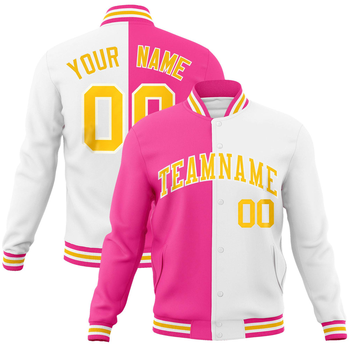 Custom Pink White Yellow Bomber Full-Snap Varsity Letterman Split Fashion Jacket