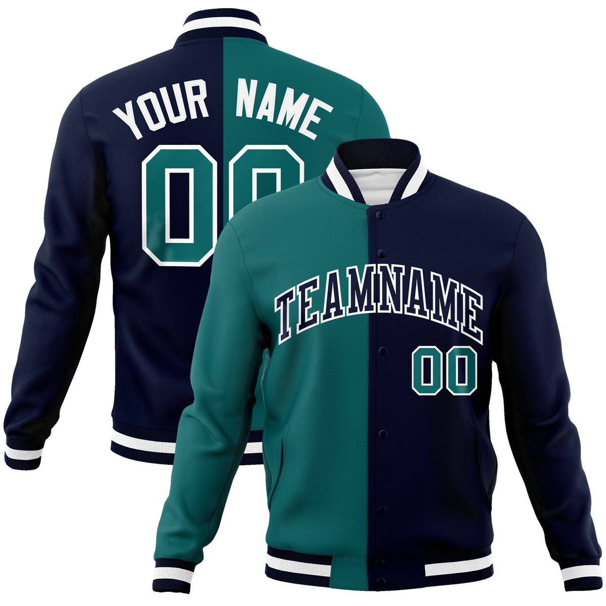 Custom Kelly-Green Navy White Bomber Full-Snap Varsity Letterman Split Fashion Jacket