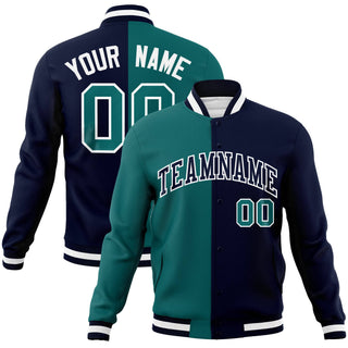 Custom Aqua Navy Black-White Bomber Full-Snap Varsity Letterman Split Fashion Jacket - Style 1