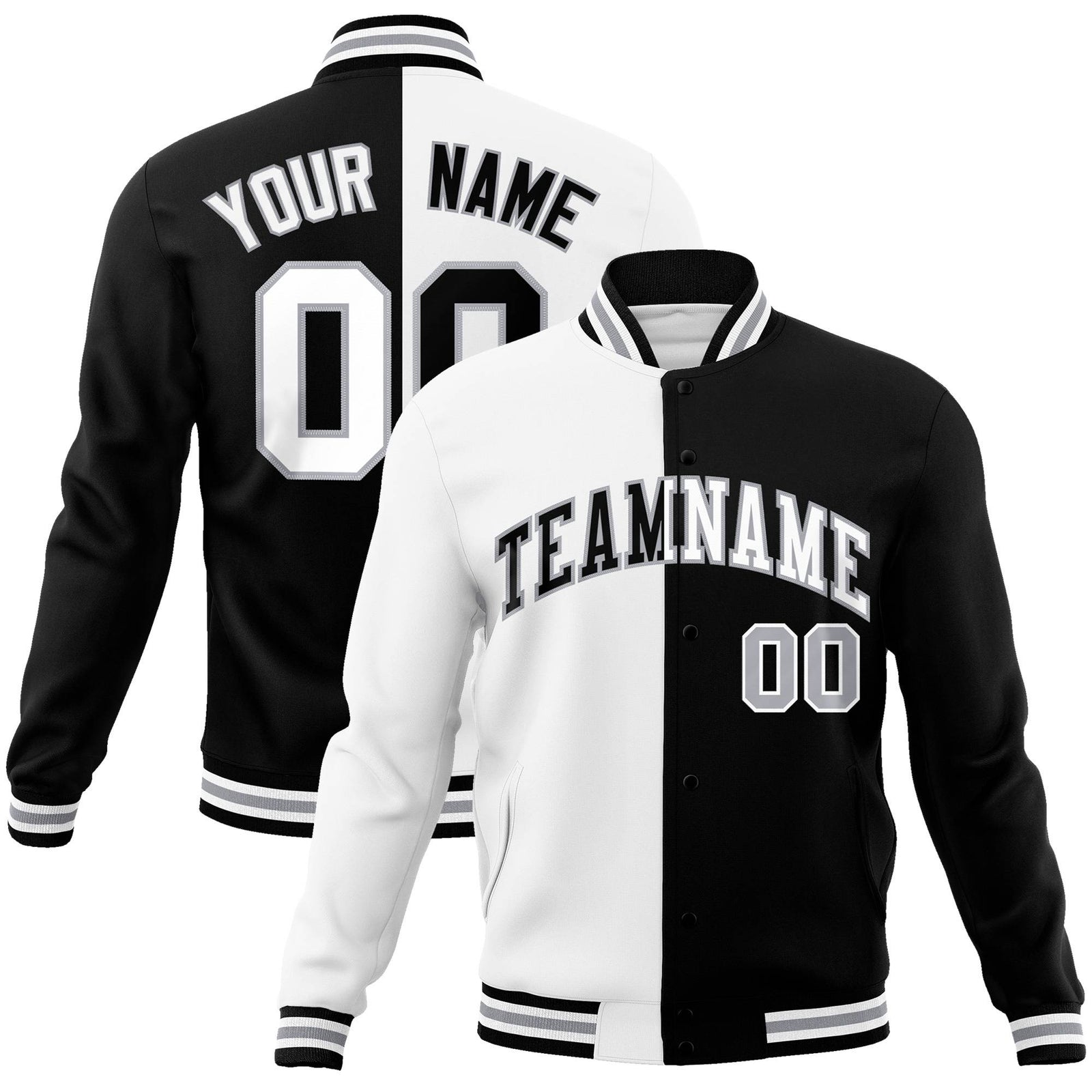 Custom White Black Gray Bomber Full-Snap Varsity Letterman Split Fashion Jacket