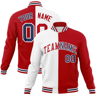 Chaqueta bomber personalizada de estilo universitario con abertura y cierre completo, color blanco, rojo y azul marino  - Estilo 1