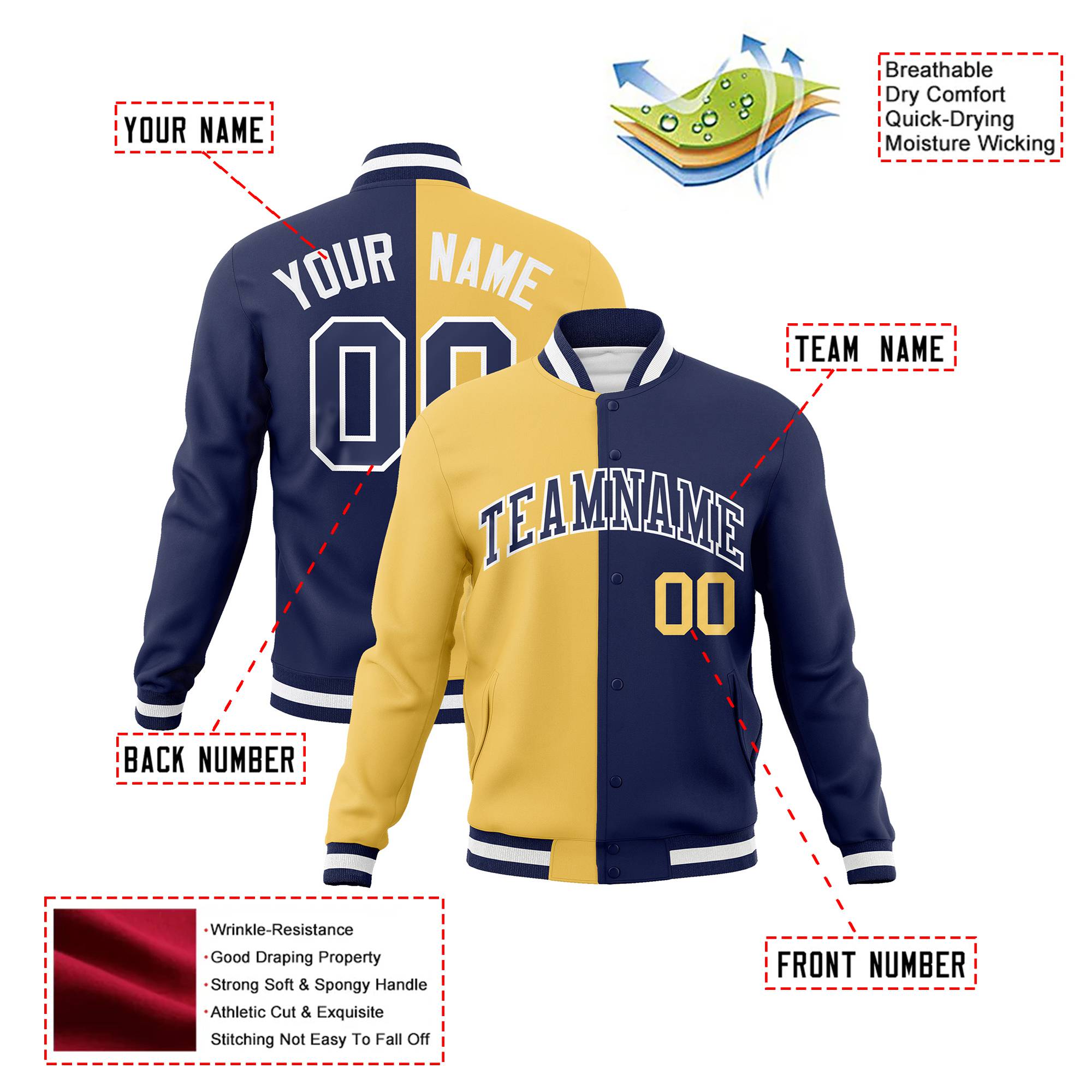 Custom Yellow-Navy White Bomber Full-Snap Varsity Letterman Split Fashion Jacket