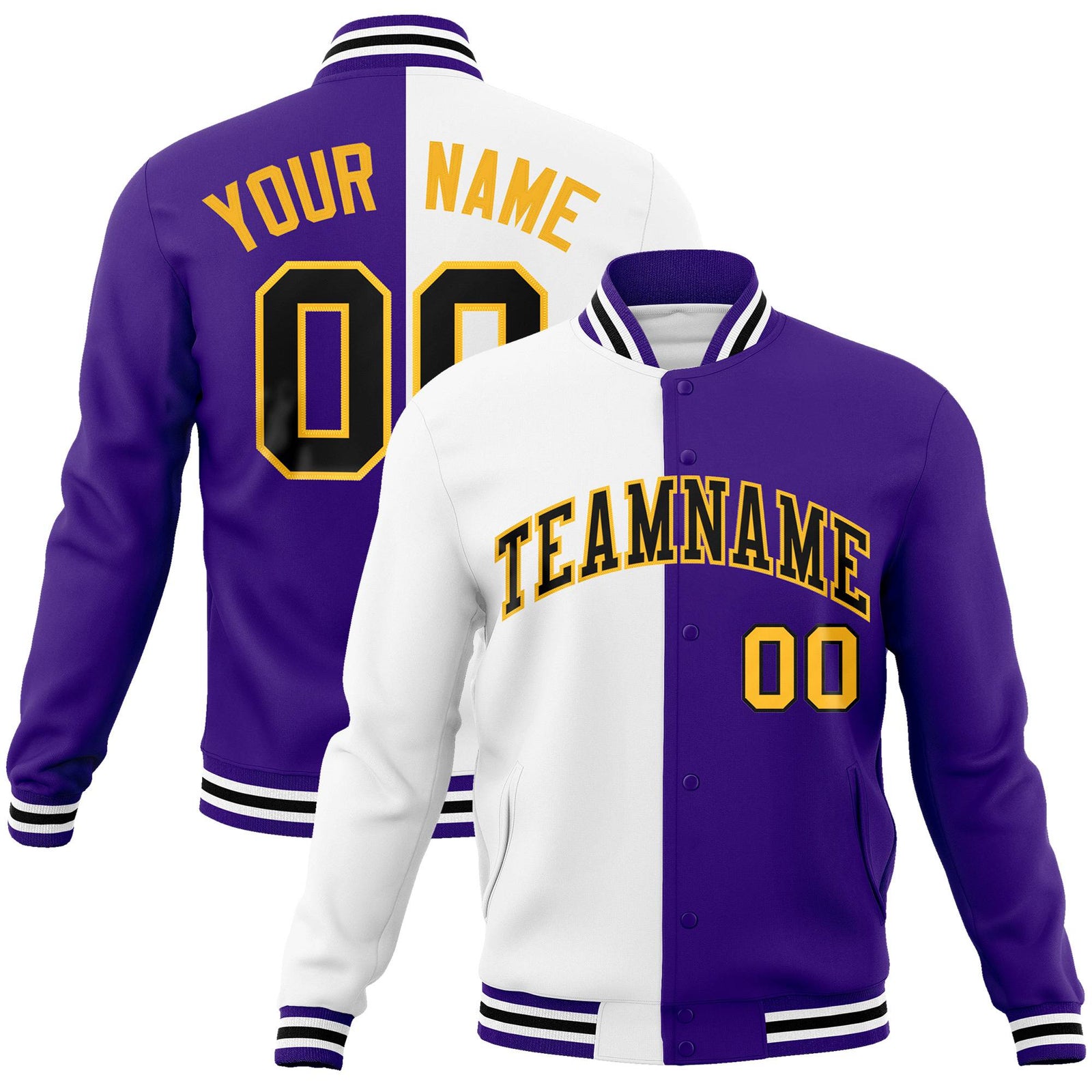 Custom White Yellow Purple Bomber Full-Snap Varsity Letterman Split Fashion Jacket