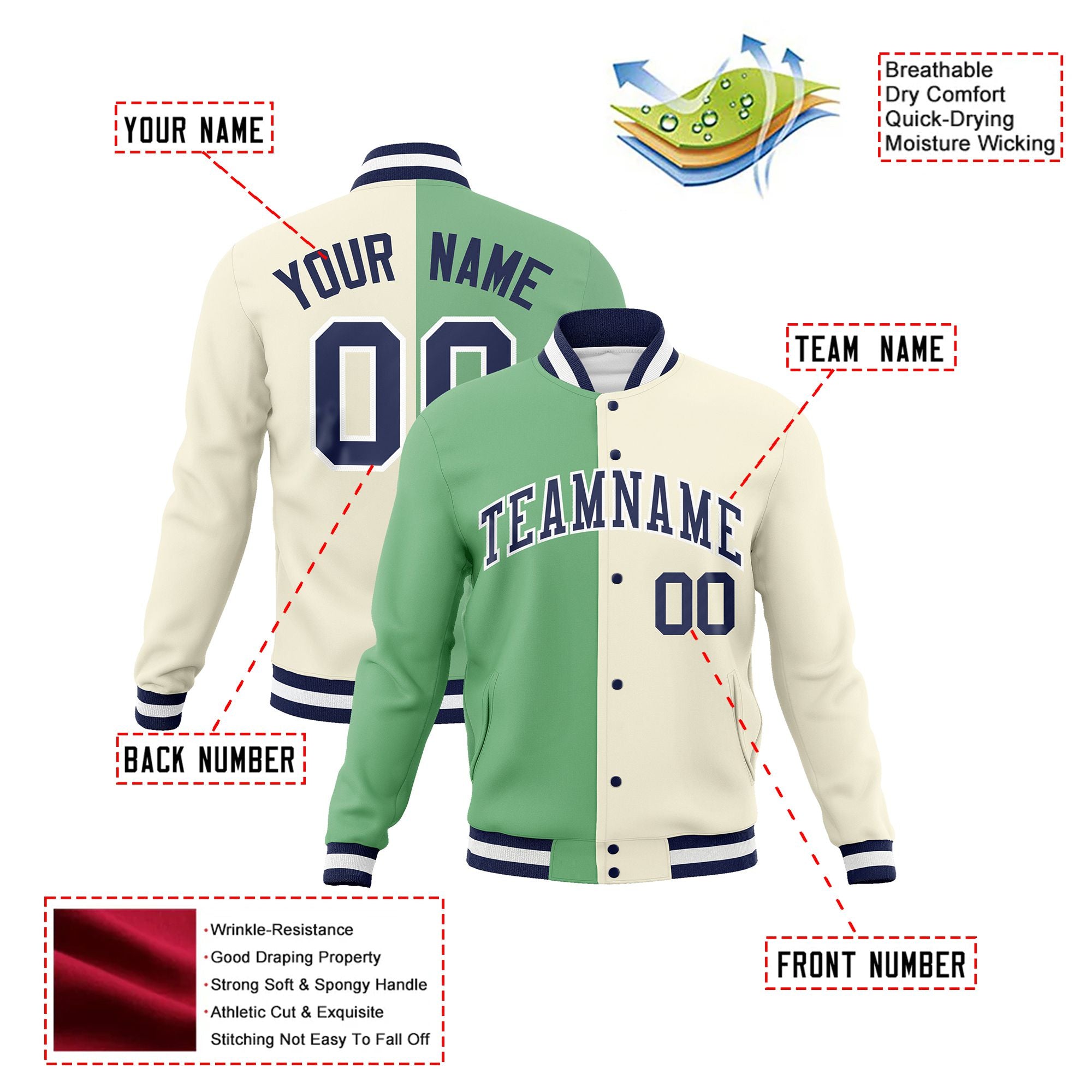 Custom Green Cream Navy Bomber Full-Snap Varsity Letterman Split Fashion Jacket